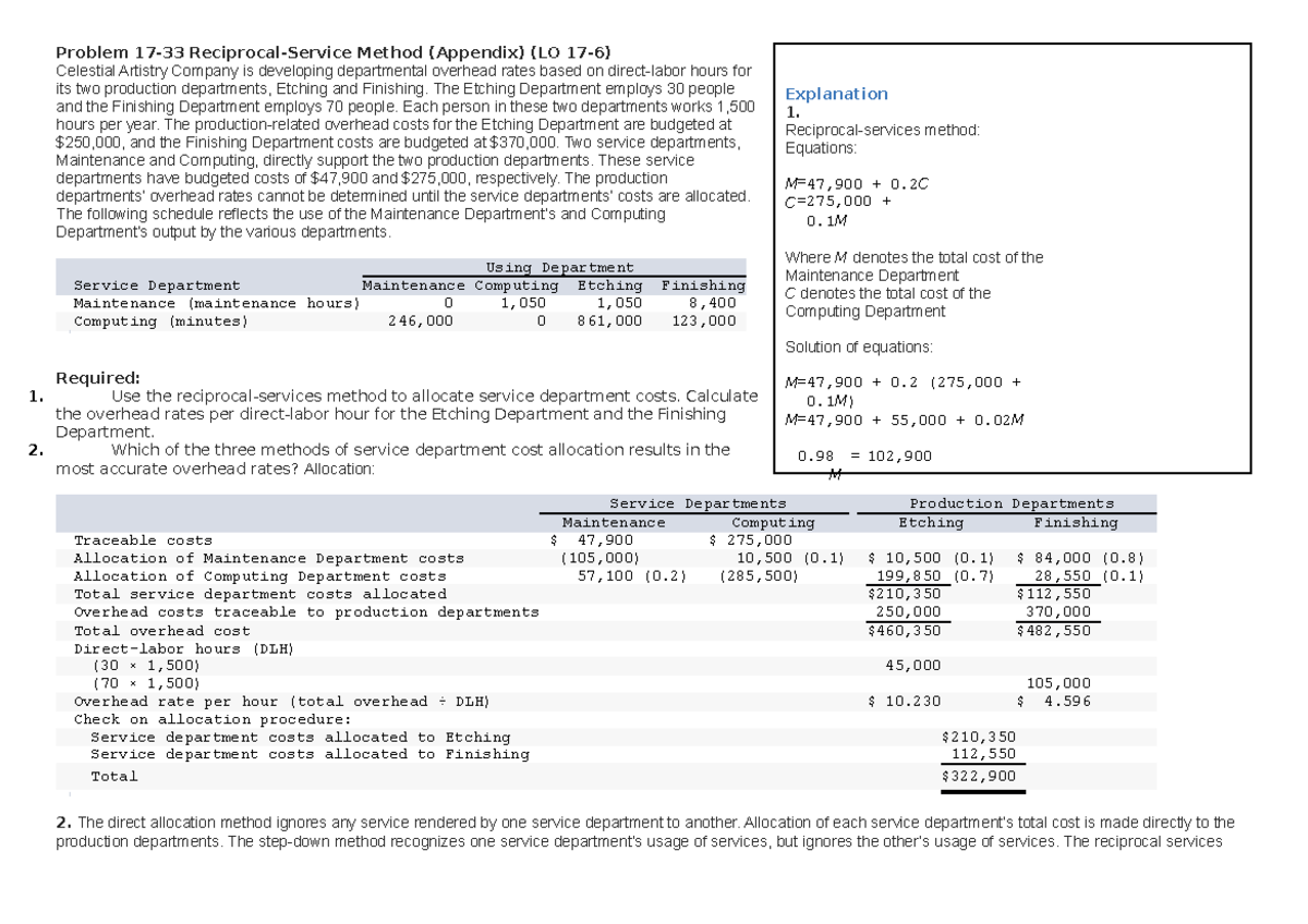 Week 6 Quiz Management Accounting - Problem 17-33 Reciprocal-Service ...