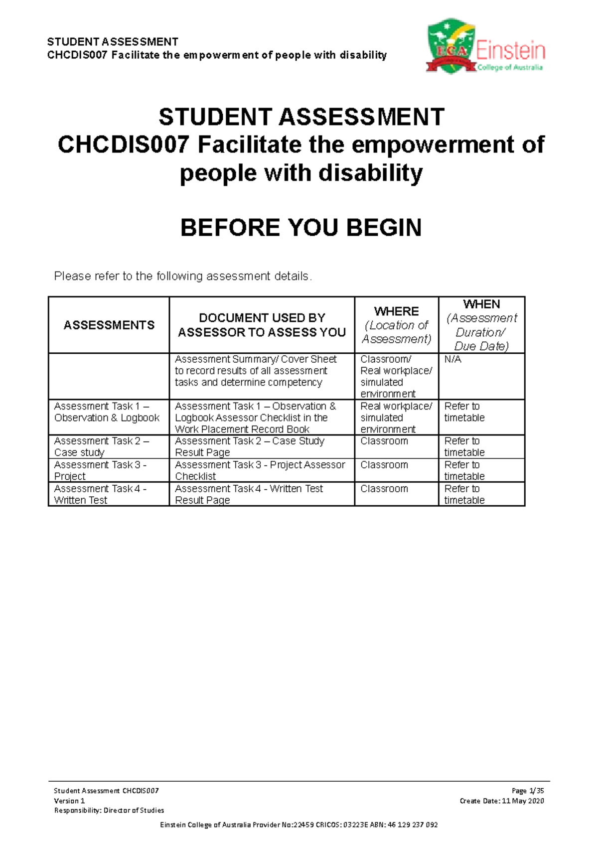 assignment chcdis007 assessment answers