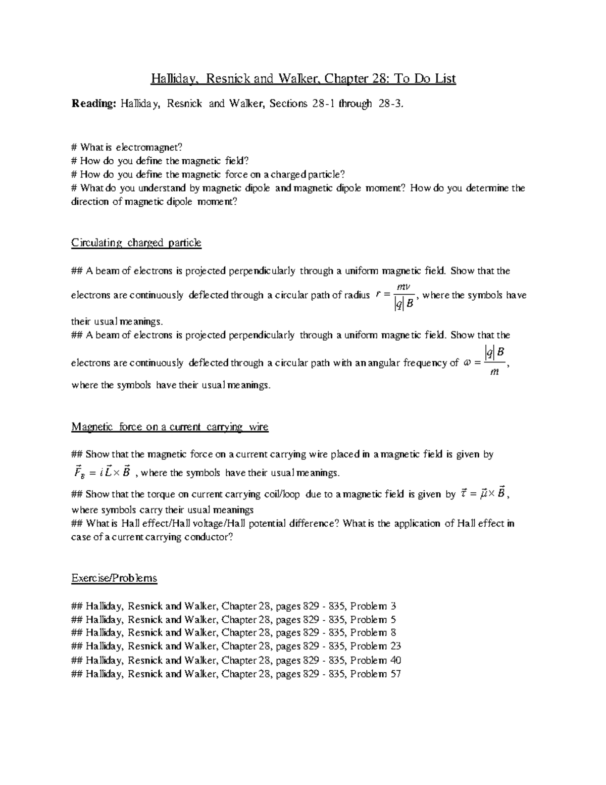 To Do Ch28 etgrtehtrh Halliday, Resnick and Walker, Chapter 28 To