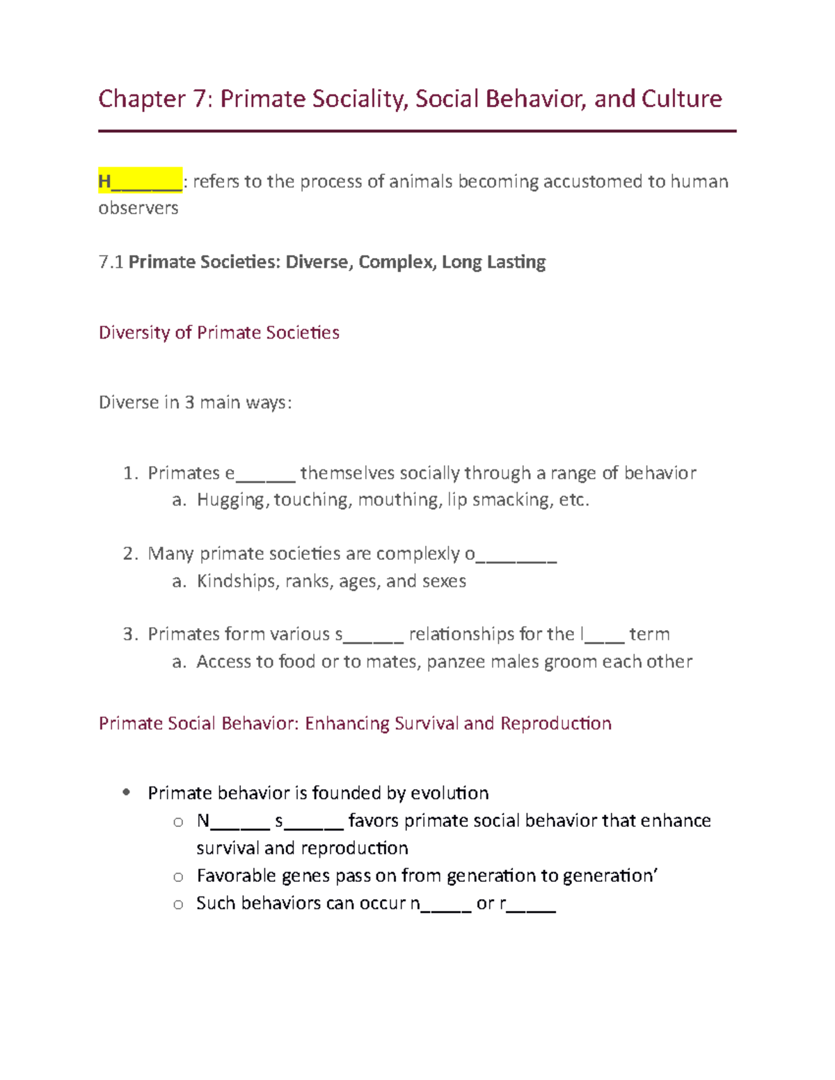 Chapter 7 Textbook Notes - Chapter 7: Primate Sociality, Social ...