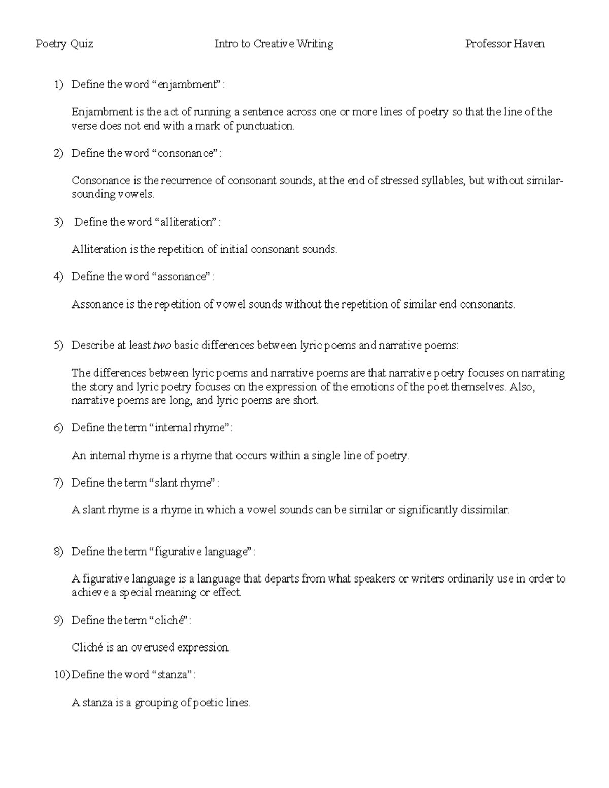 Quiz Poetry Intro to Creative Writing Professor Haven Poetry Quiz