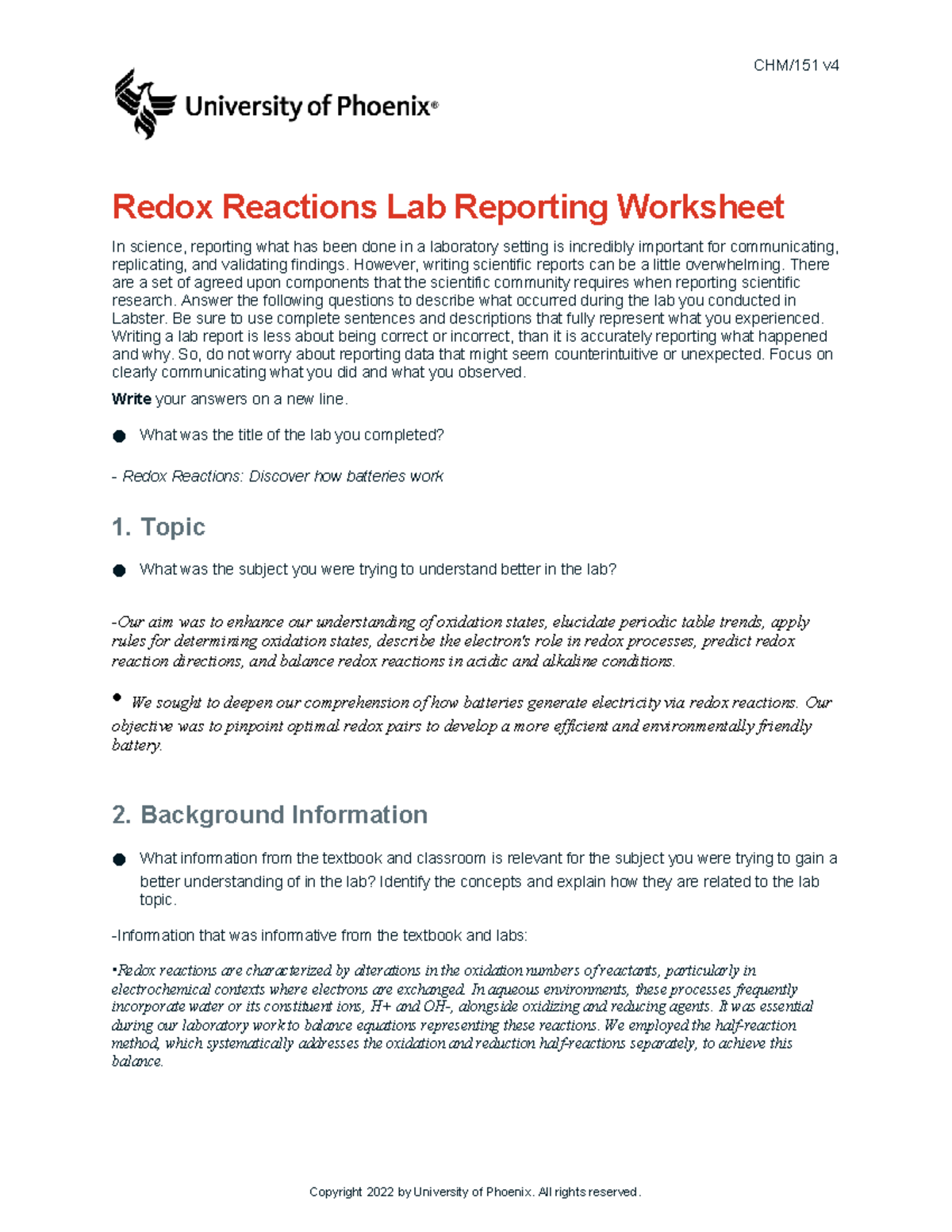 Chm151 V4 Wk5 Redox Reactions Lab Report Observational - CHM/151 V ...