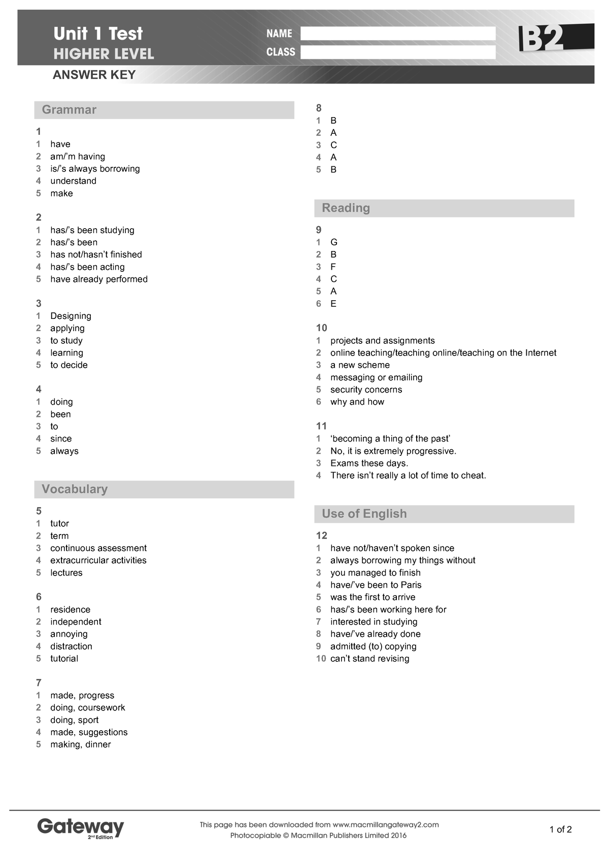 B2 UNIT 1 Test answer key higher - 1 of 2 ANSWER KEY Grammar 1 1 have 2  am/9m having 3 is/9s always - Studocu