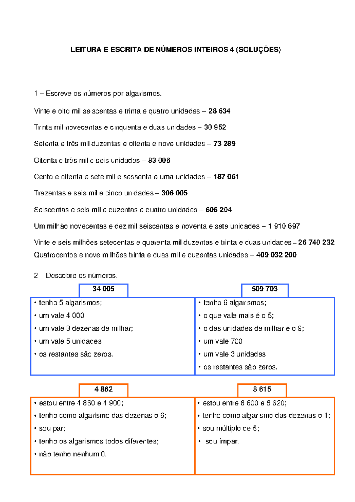 Ficha matematica 4 ano leitura e escrita de numeros inteiros 2 solucoes ...