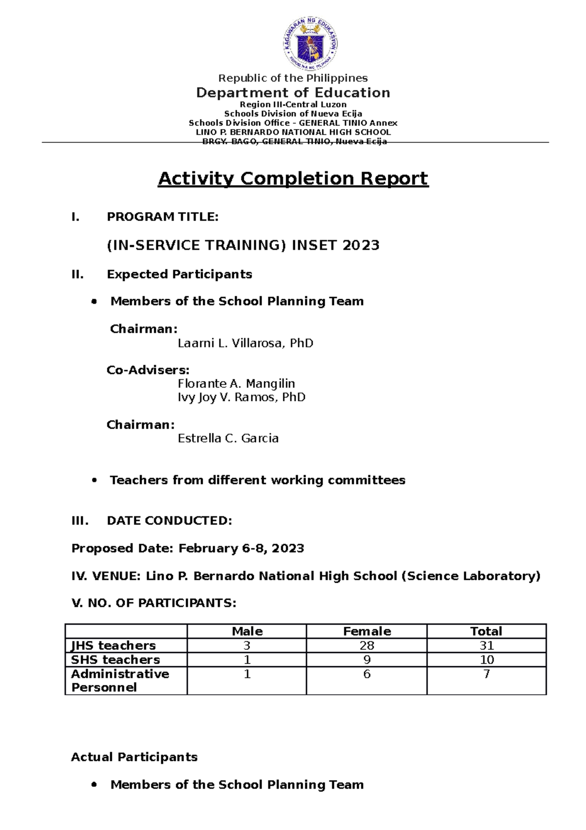 ACR- Inset 2023 - Completion Activity Report - Department of Education ...