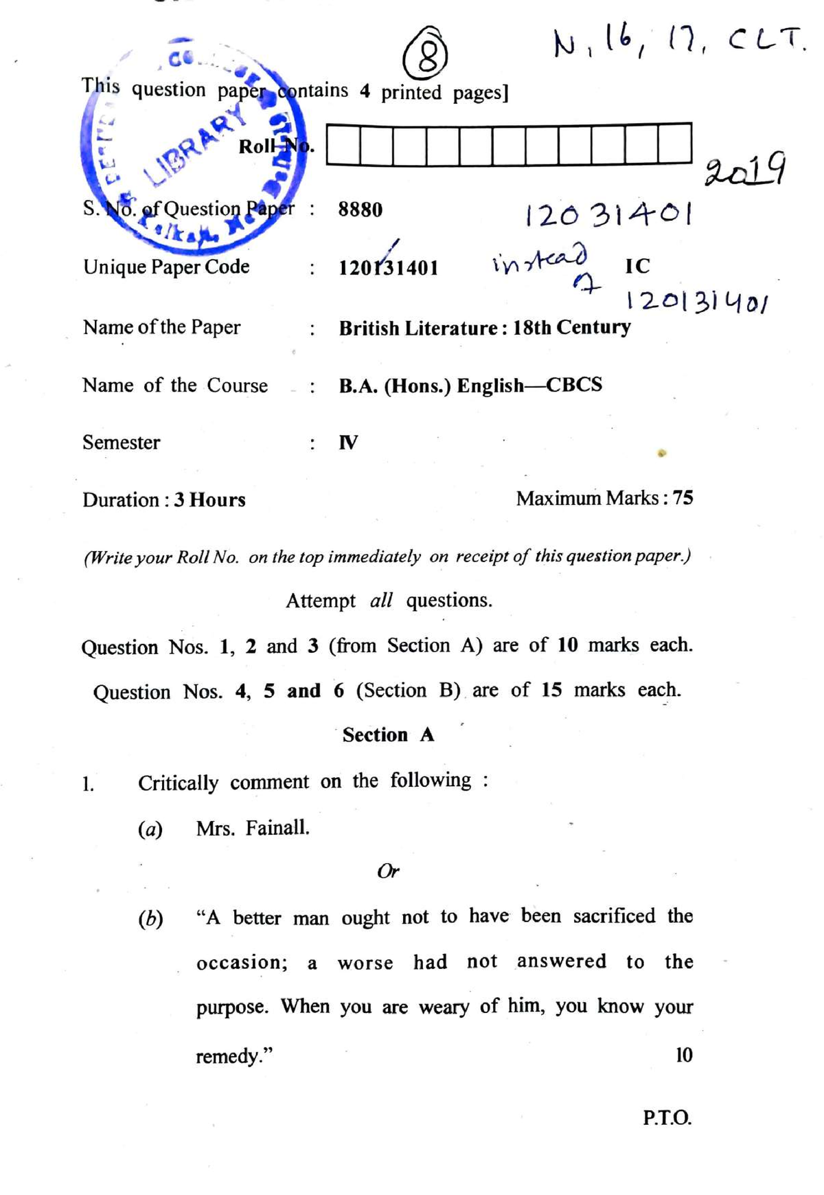 B.A. (H) English-4th Semester-2019 - N,l6, (7, CLT C This Question ...