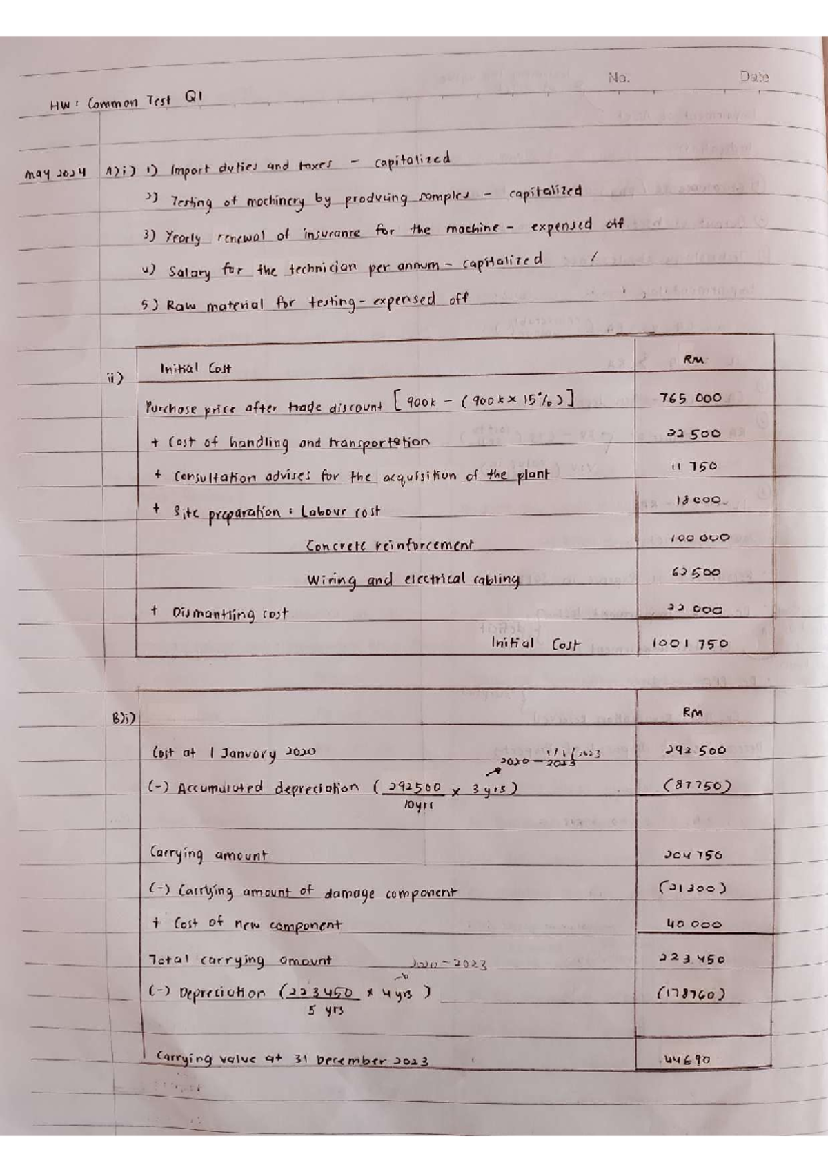 Common Test MAY 2024 - No. Date HW : Common Test Q1 may 2024 A)i) 1 ...