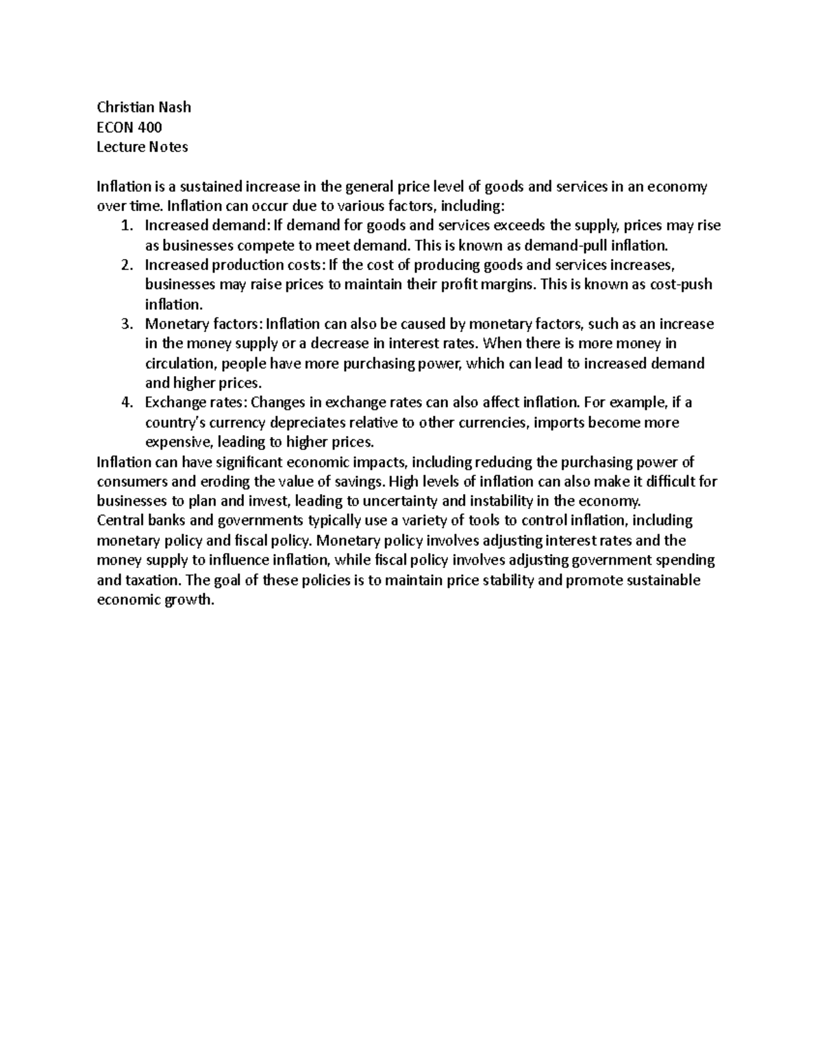 W43 - N/A - Christian Nash ECON 400 Lecture Notes Inflation is a ...