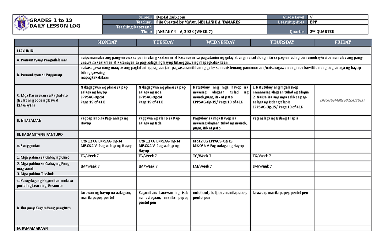 DLL EPP 5 Q2 W7 - DALIY LESON LOG - GRADES 1 to 12 DAILY LESSON LOG ...