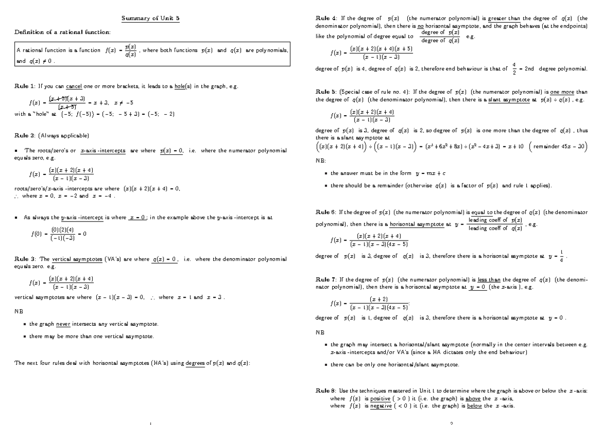 07-Unit5Summary - Unit5 - Summary of Unit 5 Definition of a rational ...