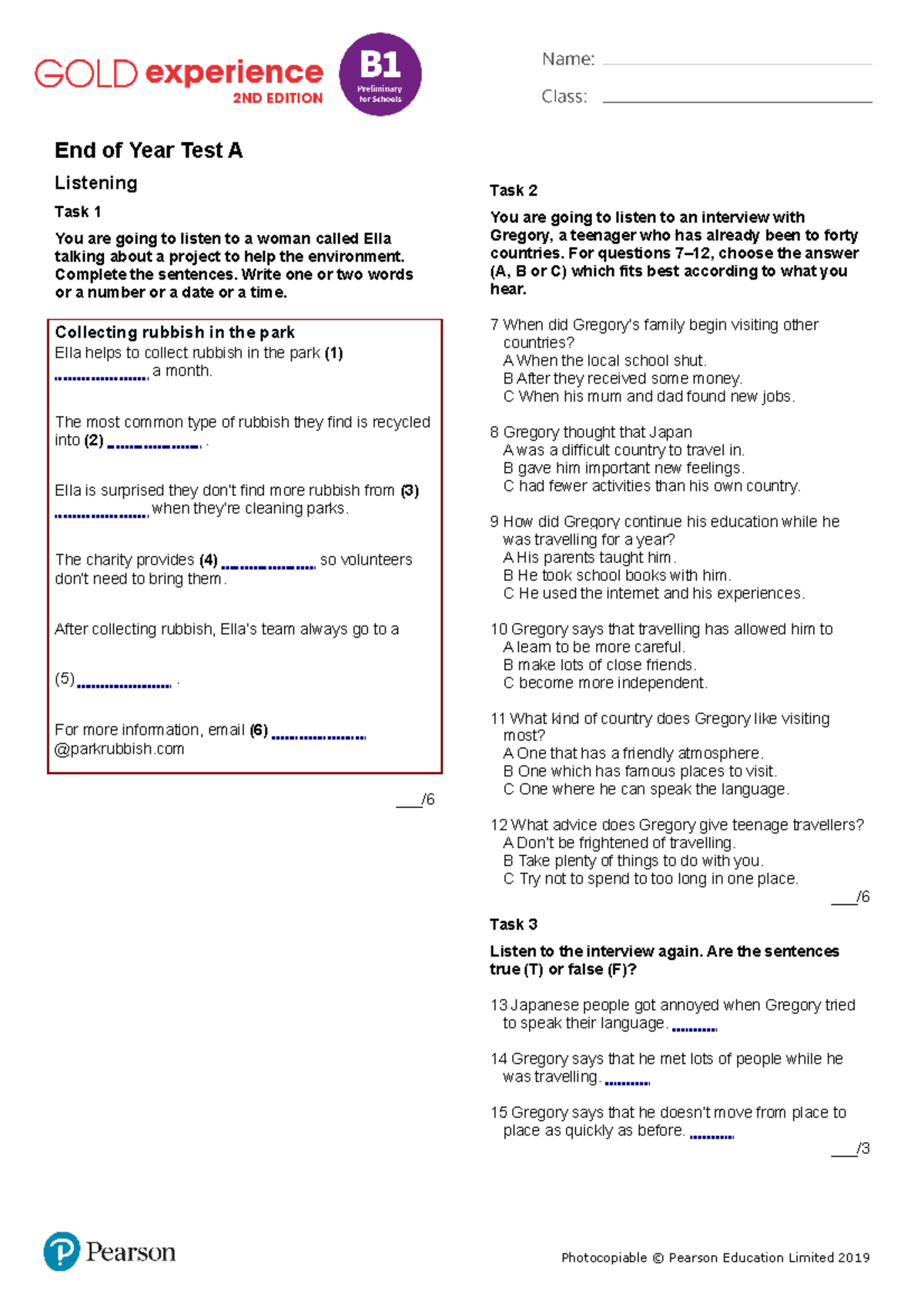 Gold Exp B1 Eo Y Main Test A - End Of Year Test A Listening Task 1 You ...