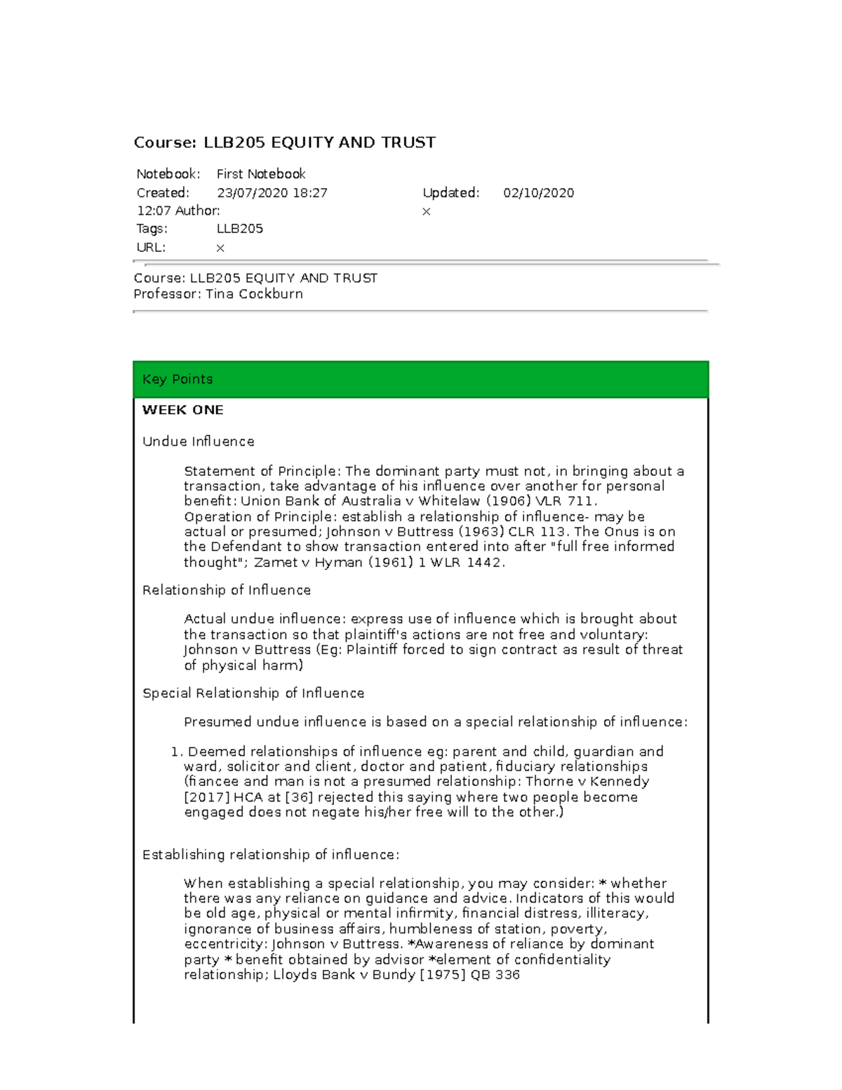 Week 1 Introduction - Course: LLB205 EQUITY AND TRUST Notebook: First ...