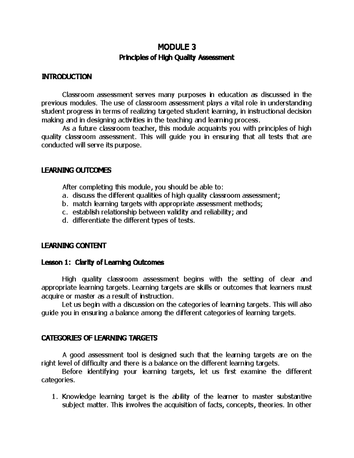 Module 3 Principles of High Quality Assessment MODULE 3 Principles of High Quality Assessment