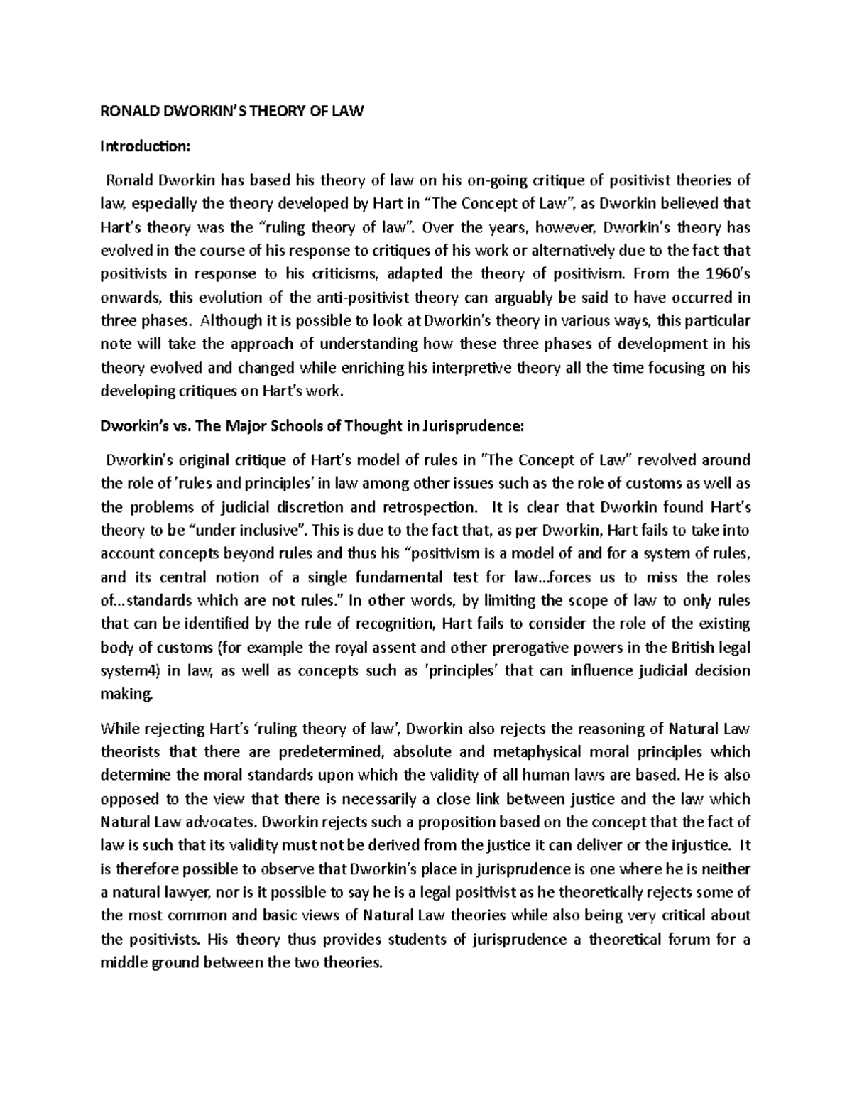 Ronald Dworkin RONALD DWORKIN’S THEORY OF LAW Introduction Ronald