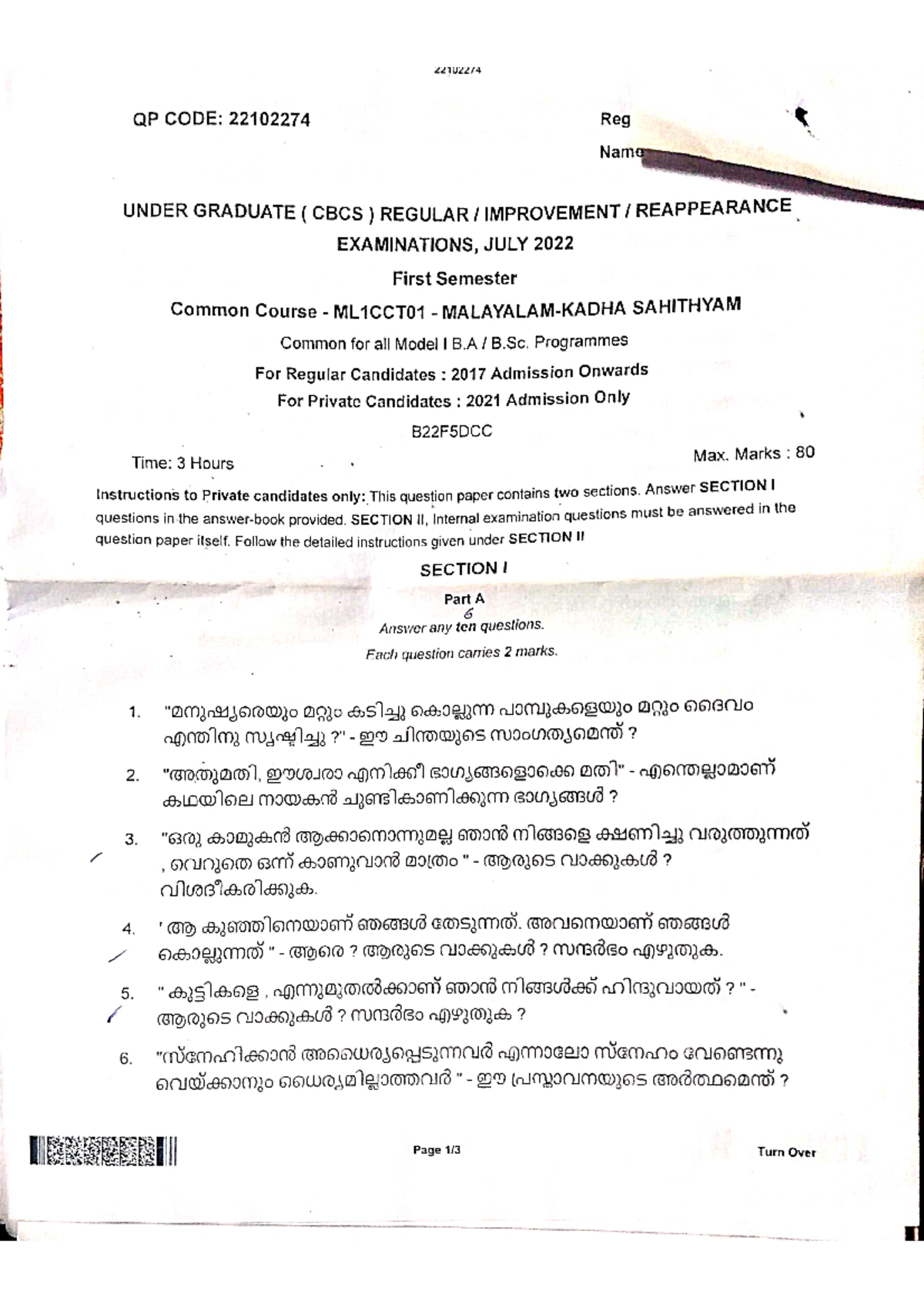 Malayalam 1 st sem kathasahithyam - 22102274 QP CODE: 22102274 Reg Name ...