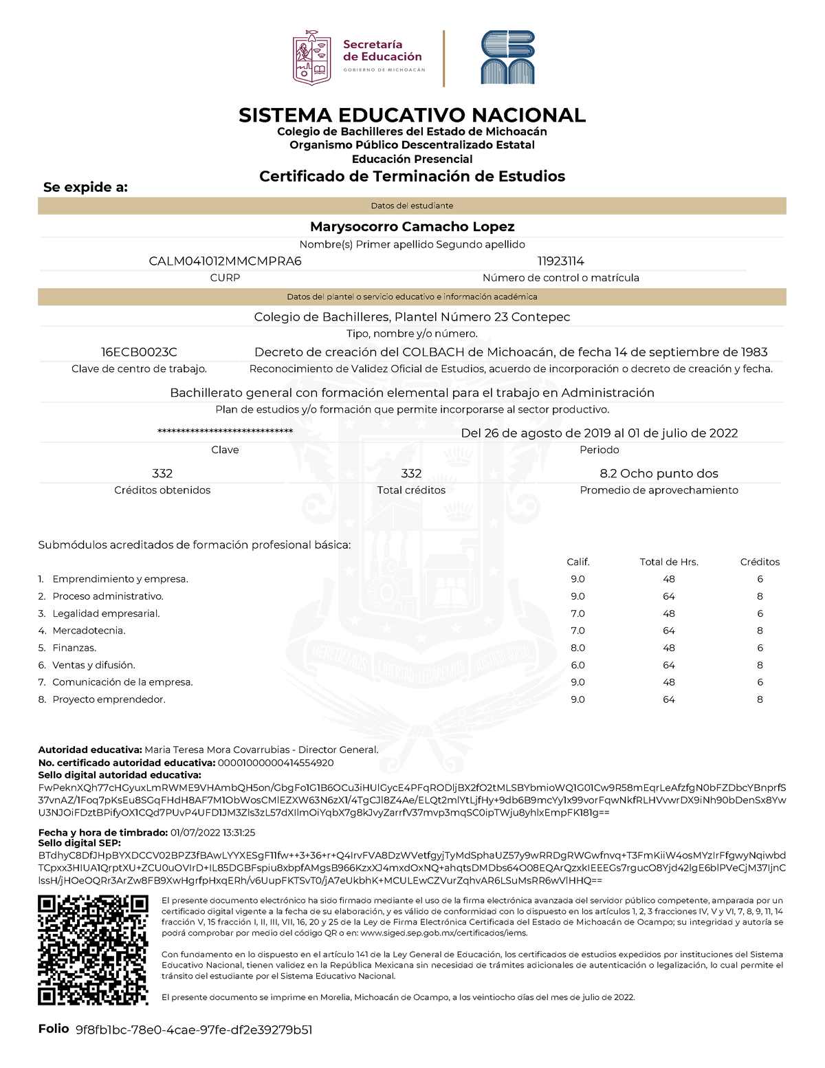 Certificado D 202262845 - SISTEMA EDUCATIVO NACIONAL Colegio De ...