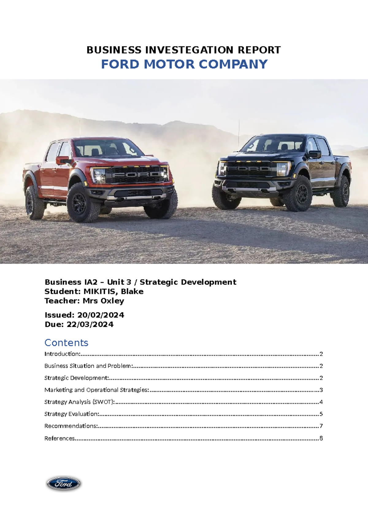 Ford Business Report - BUSINESS INVESTEGATION REPORT FORD MOTOR COMPANY ...