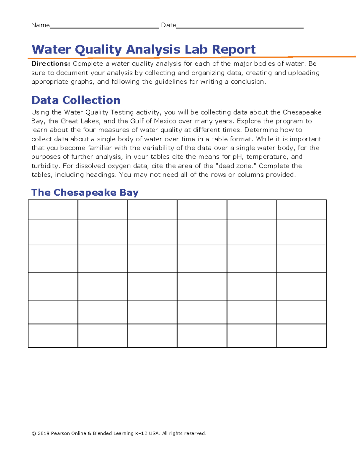 WR Lab LO Water Quality Analysis Name Date Water Quality Analysis Lab