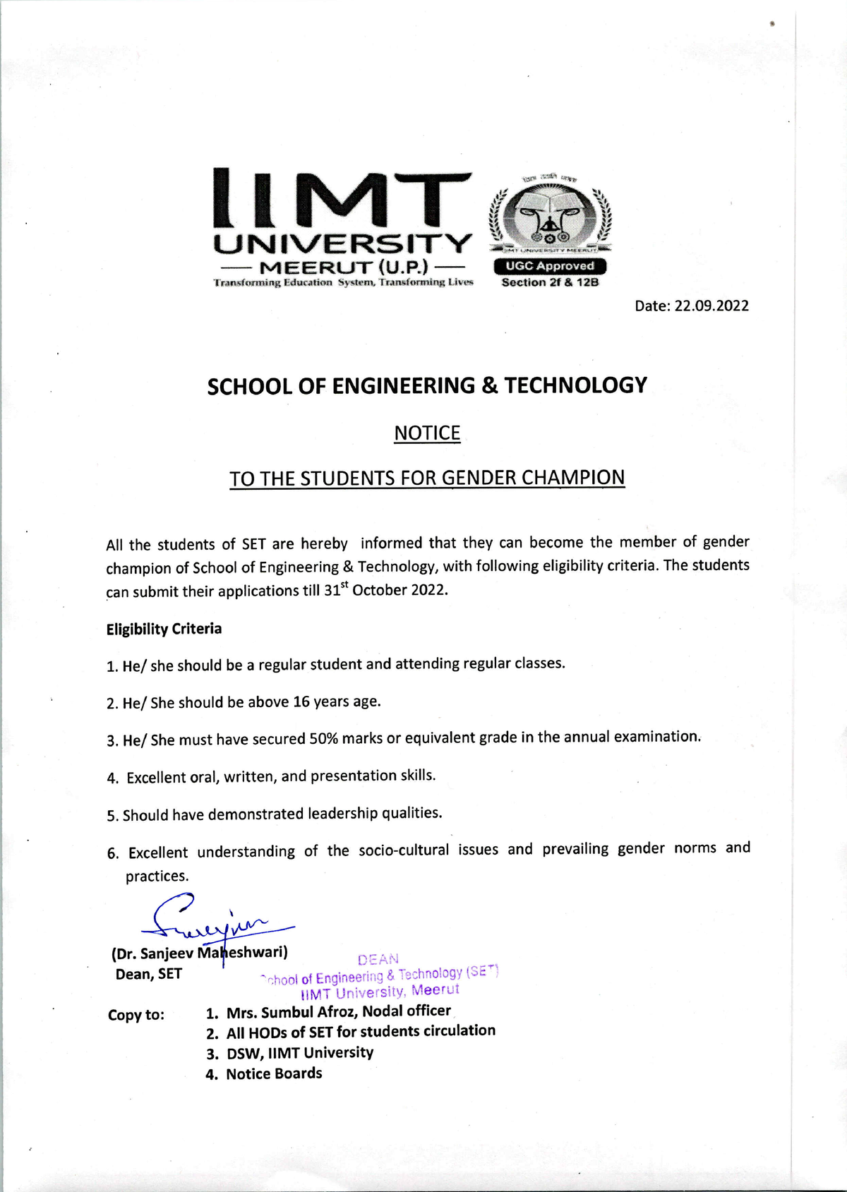 Revised Notice for the students of Gender Champion - Date: 22 ...