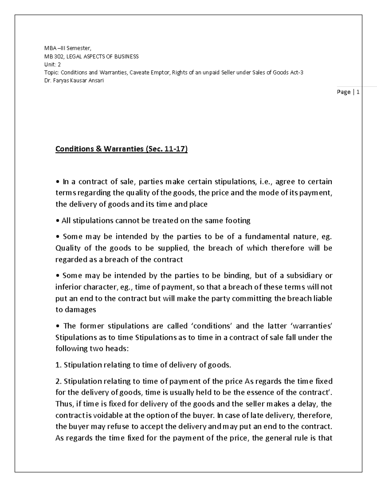 Conditions,Warranties, Doctrine of Caveate Emptor under Sales of Goods