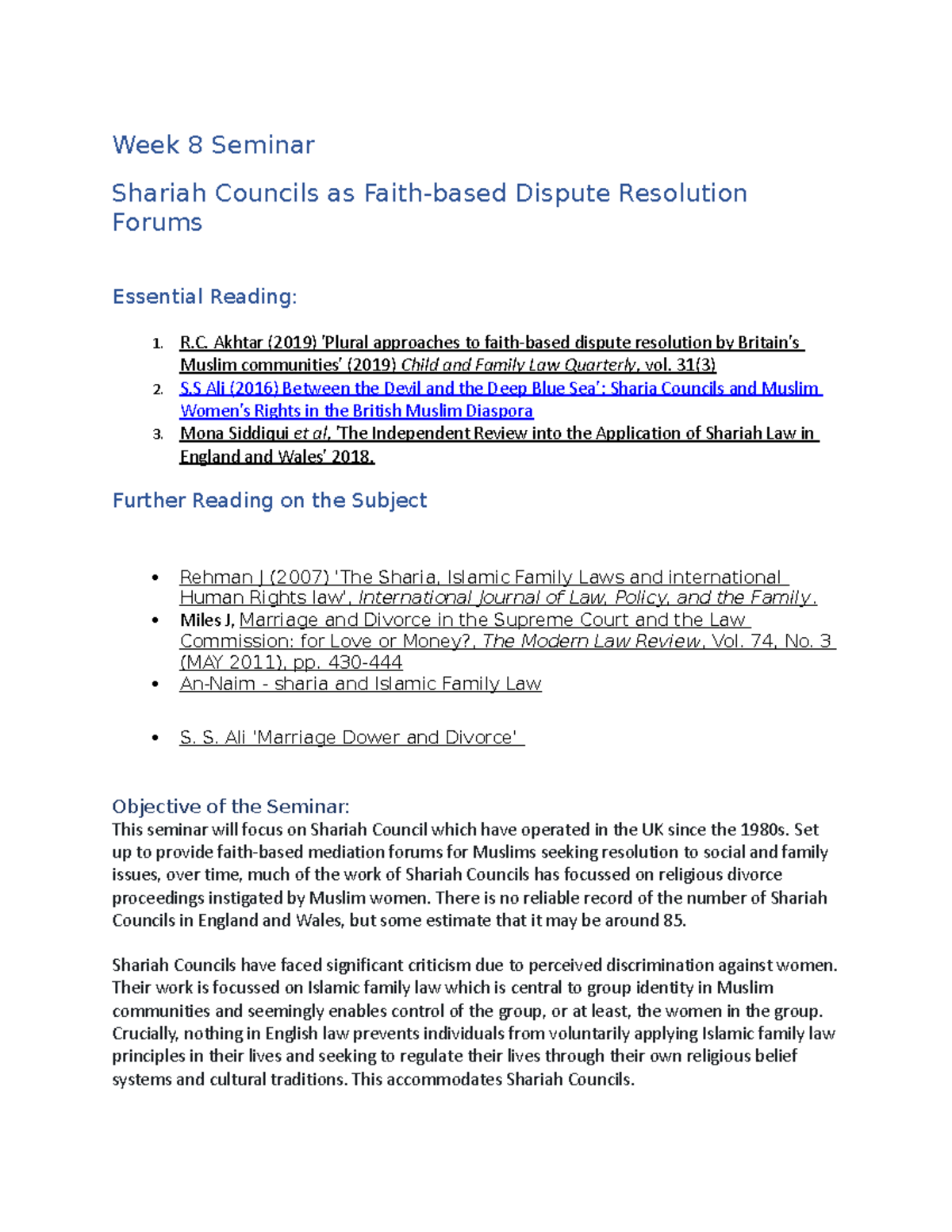 Week 8 Seminar Final - Week 8 Seminar Shariah Councils as Faith-based ...