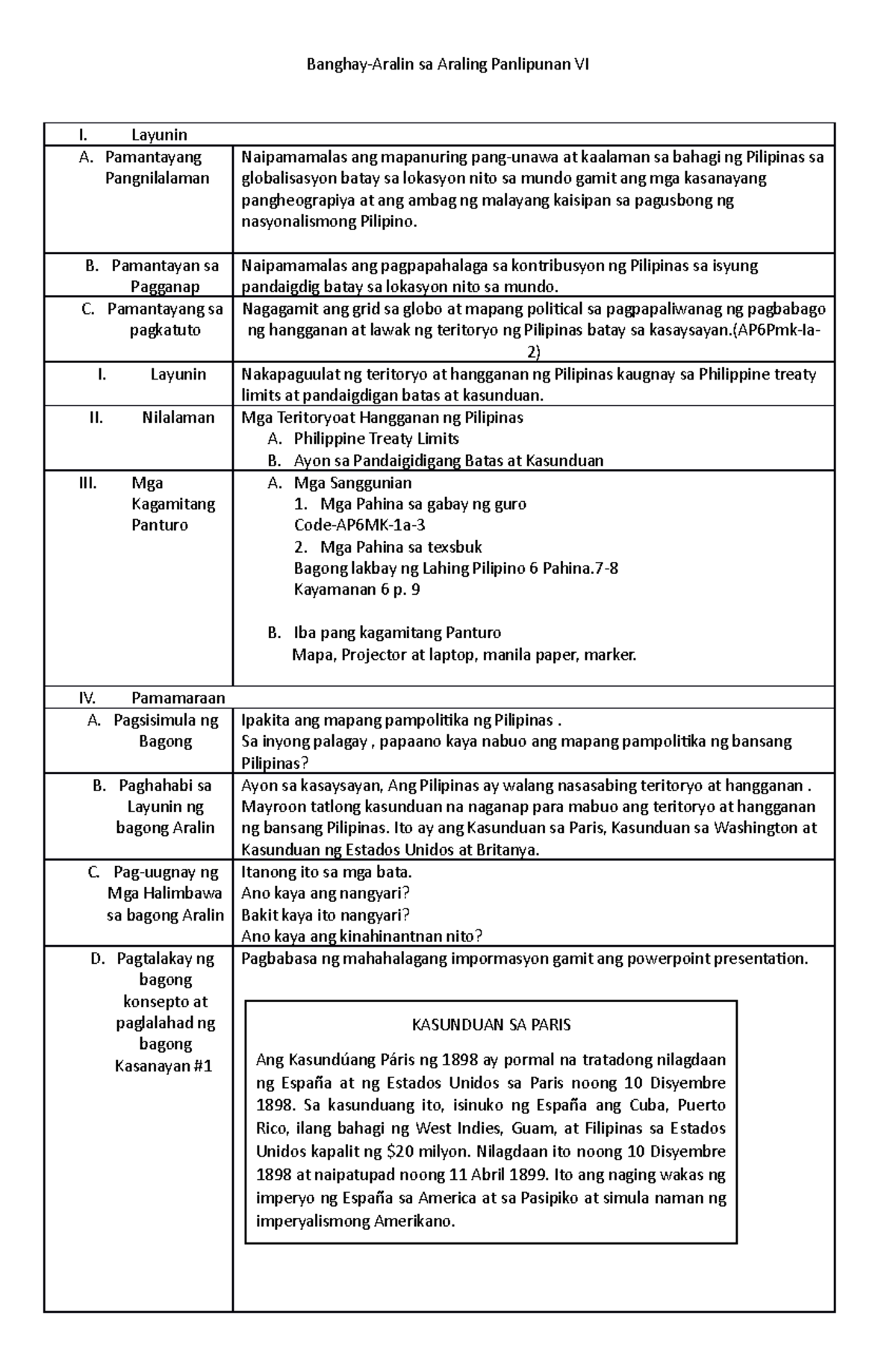 Banghay Araling Panlipunan 6 BanghayAralin sa Araling Panlipunan VI