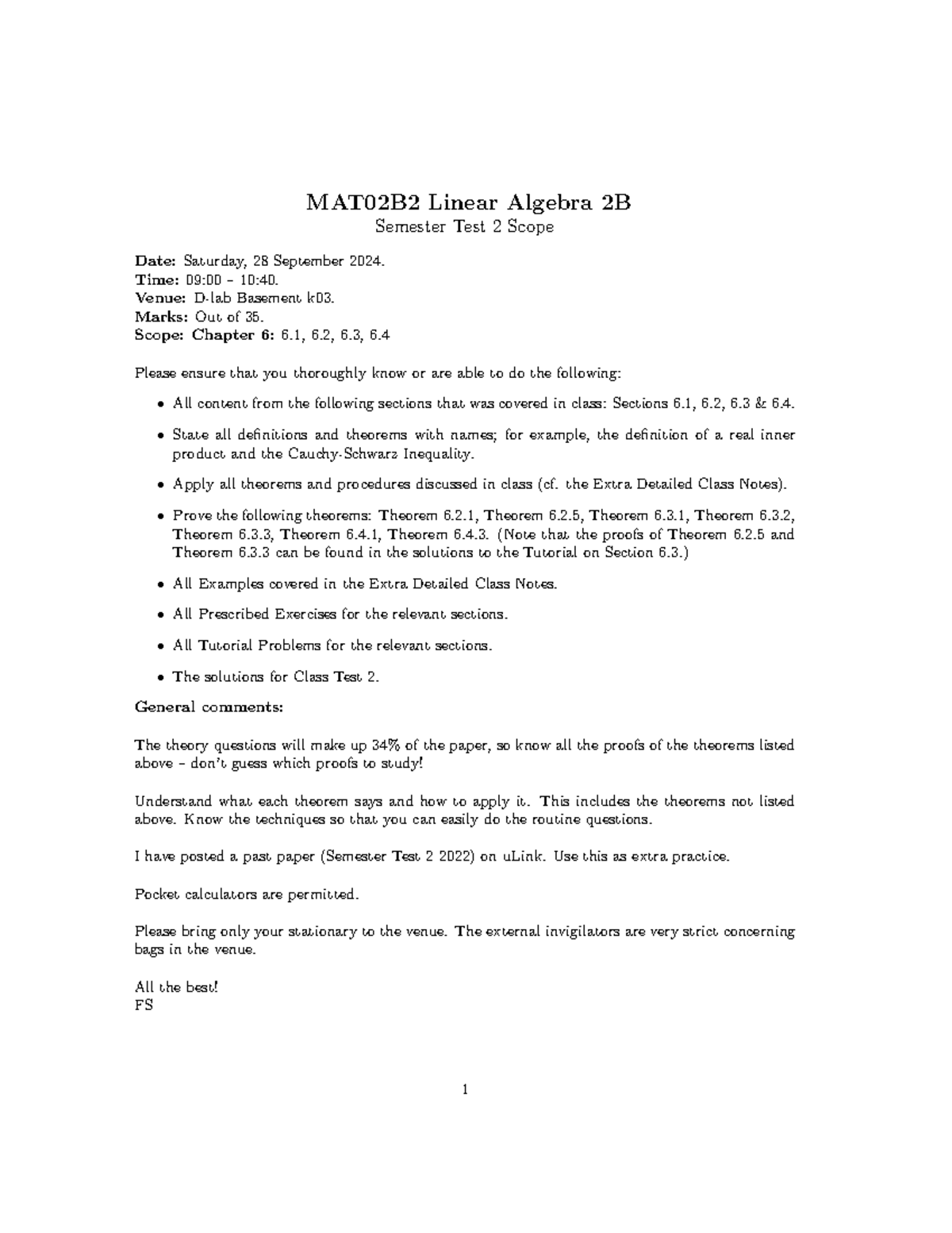 Semester Test 2 Scope - Summary Linear Algebra 2B - MAT02B2 Linear ...