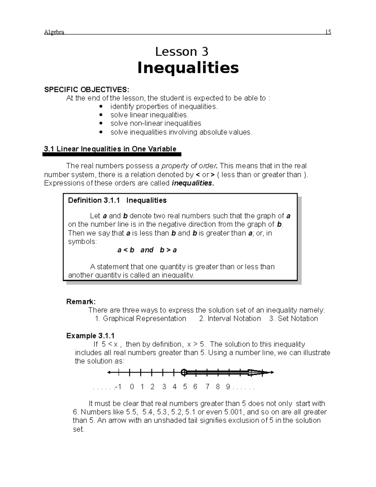 Guide Teacher Lesson 3 Inequalities - Lesson 3 Inequalities SPECIFIC ...