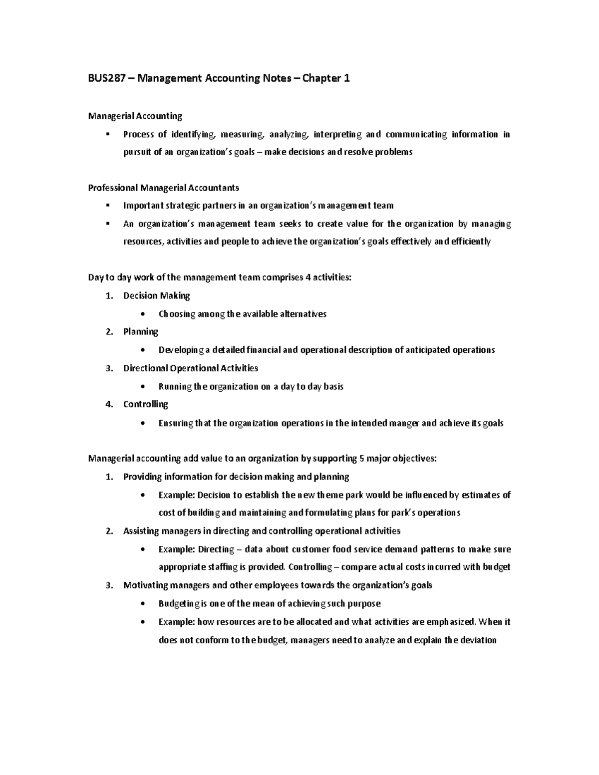 BUS287 - Chapter 1 Notes (Topic 1) - BUS287 – Management Accounting ...
