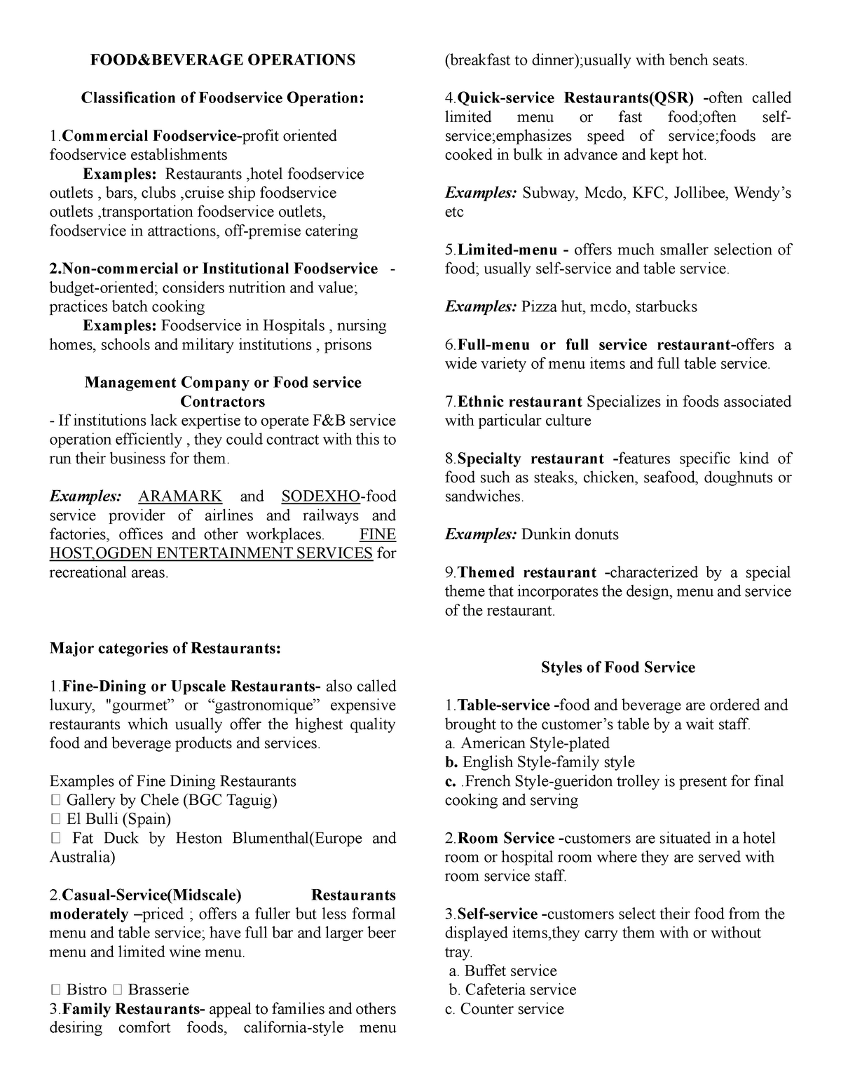 Classification Of Foodservice Operation - Food And Beverage Services ...