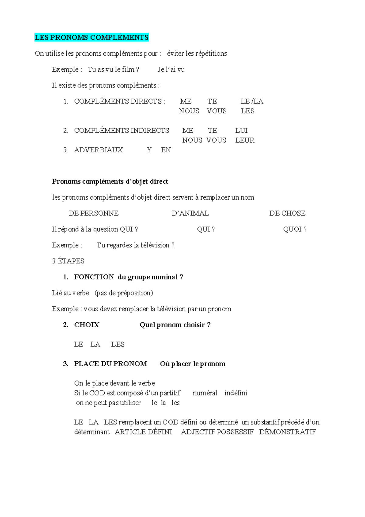 Complements français - Homa - LES PRONOMS COMPLÉMENTS On utilise les ...