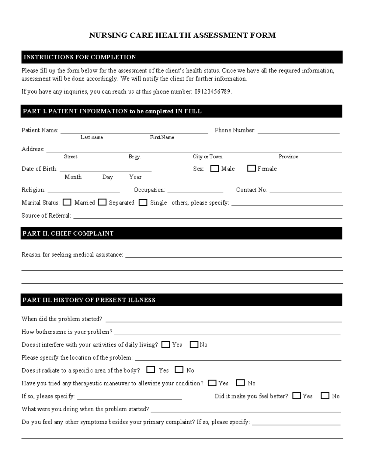 Nursing CARE Health Assessment FORM 7 - NURSING CARE HEALTH ASSESSMENT ...
