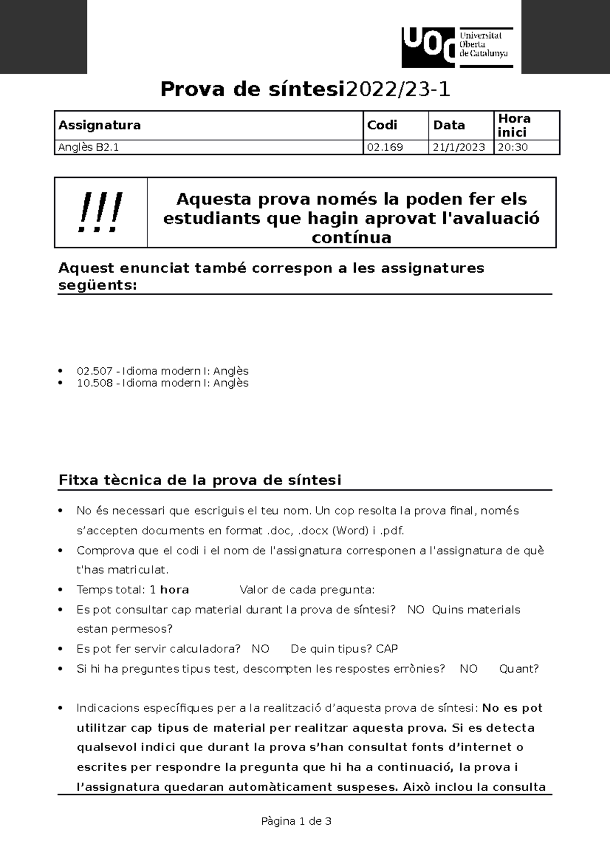 Prova De Síntesis Anglès B1 - Prova De Síntesi2022/23- Assignatura Codi ...