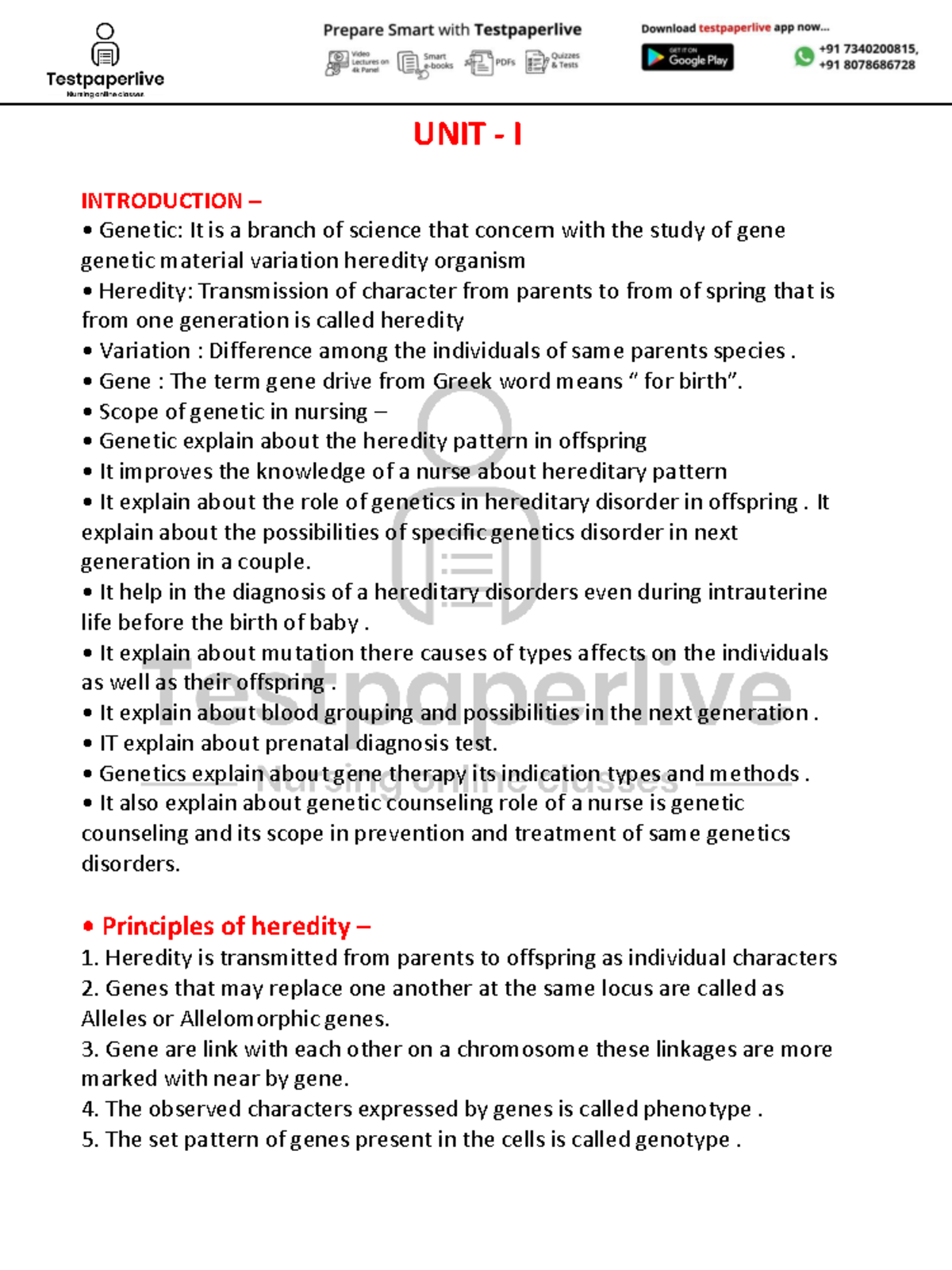 Genetics Pathology Unit 1 240725 003350 - UNIT - I INTRODUCTION ...
