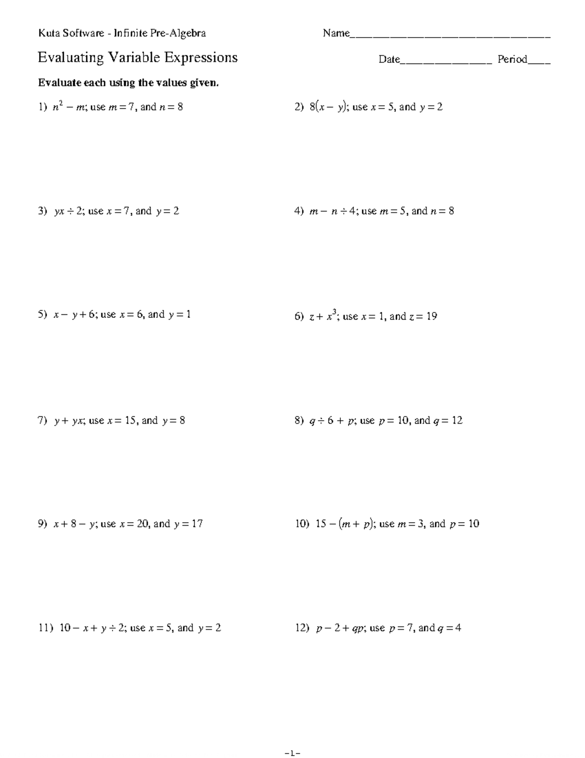 Evaluating Variable Expressions - © C d 2 c 0 y 1 82 i mKX u O t W ab ...