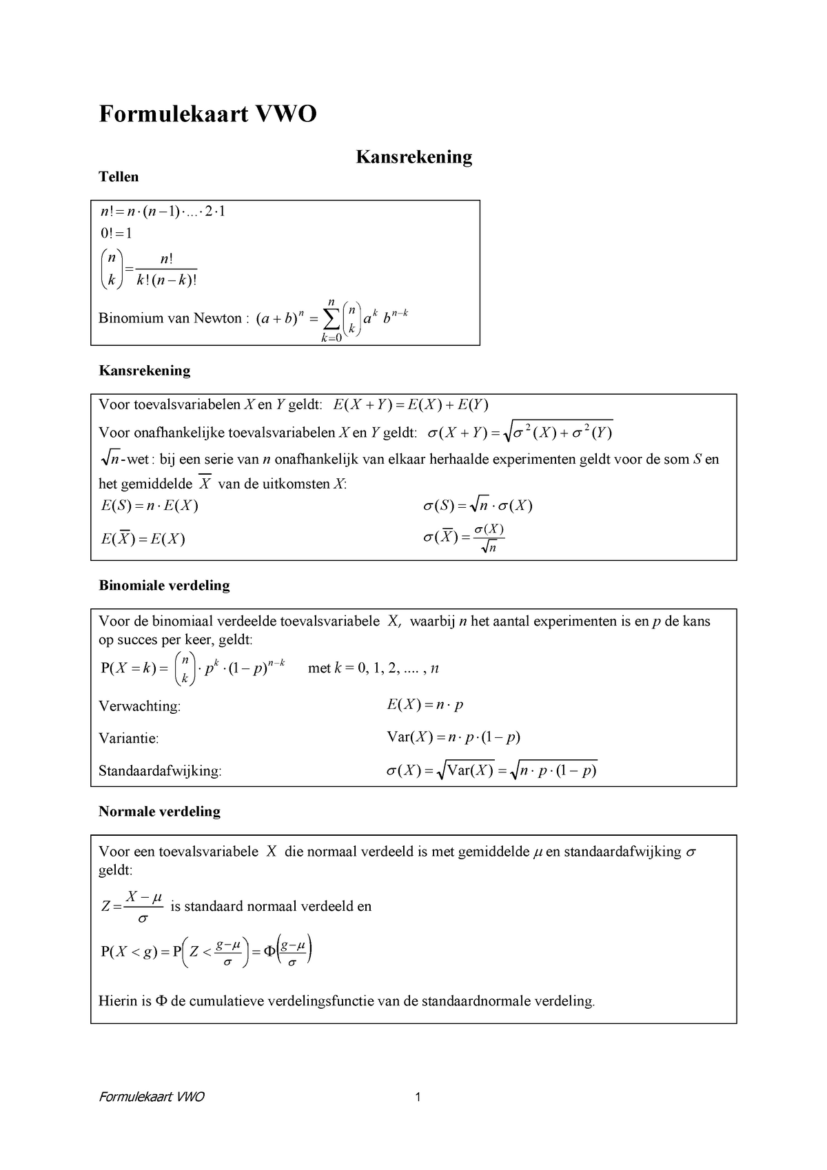 Formulekaart Wiskunde B voor examenjaar Formulekaart VWO Kansrekening