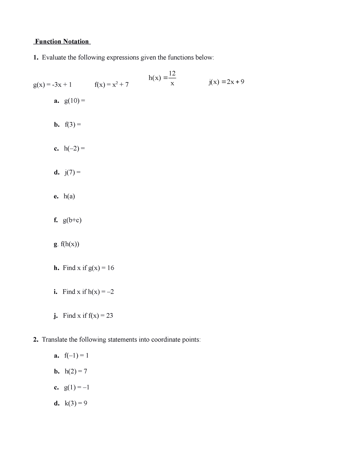 Function notation worksheet - Function Notation Evaluate the following ...