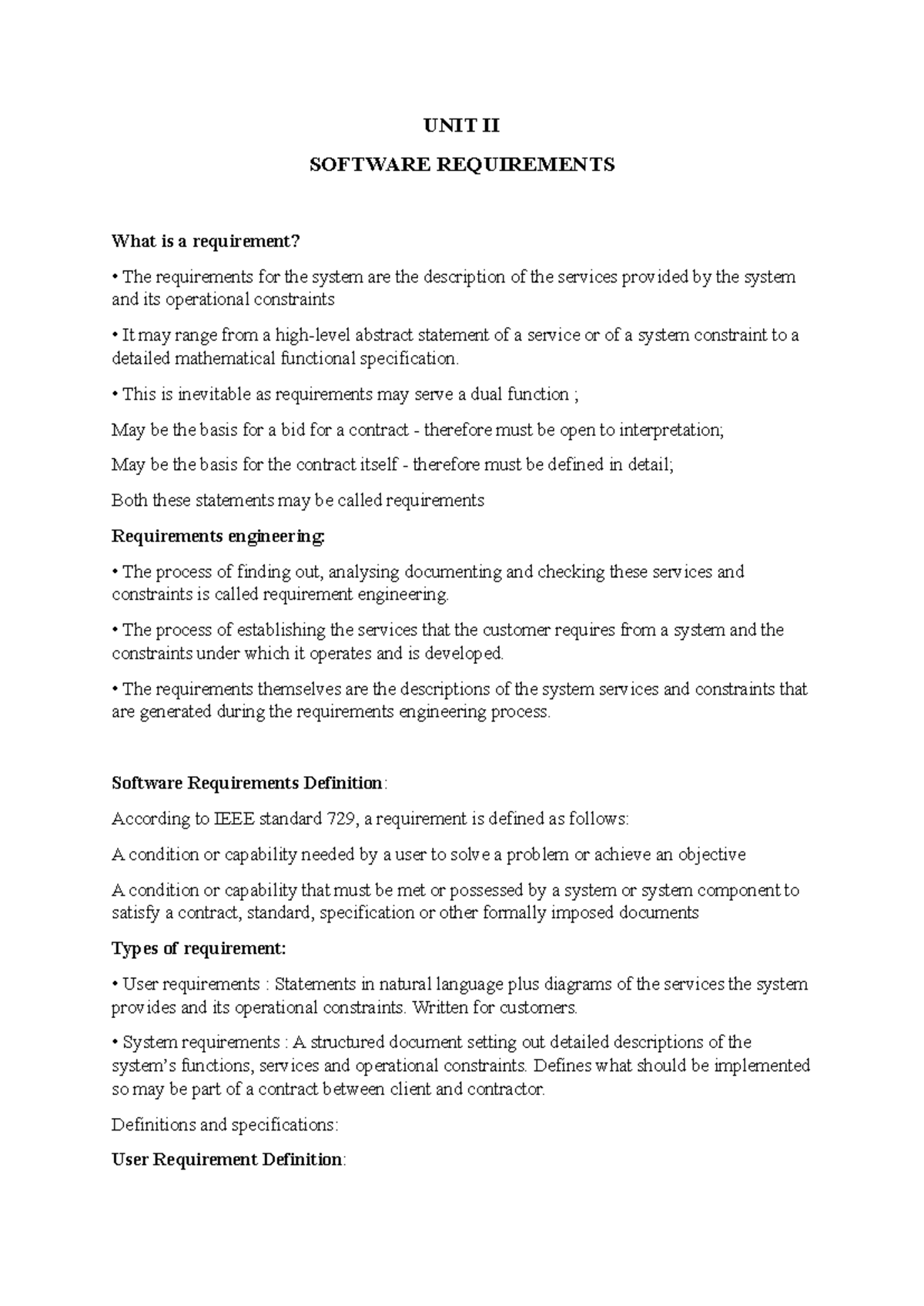 UNIT II - Notes - UNIT II SOFTWARE REQUIREMENTS What is a requirement ...