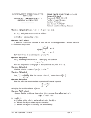 Final EXAM, Semester 2, 2017-2018 Calculus 1 - No.: BM1/QT-PĐBCL-RĐTV ...