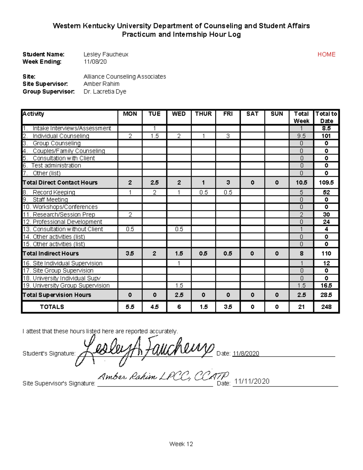 Alliance Week 12 Fall Log - Western Kentucky University Department of ...