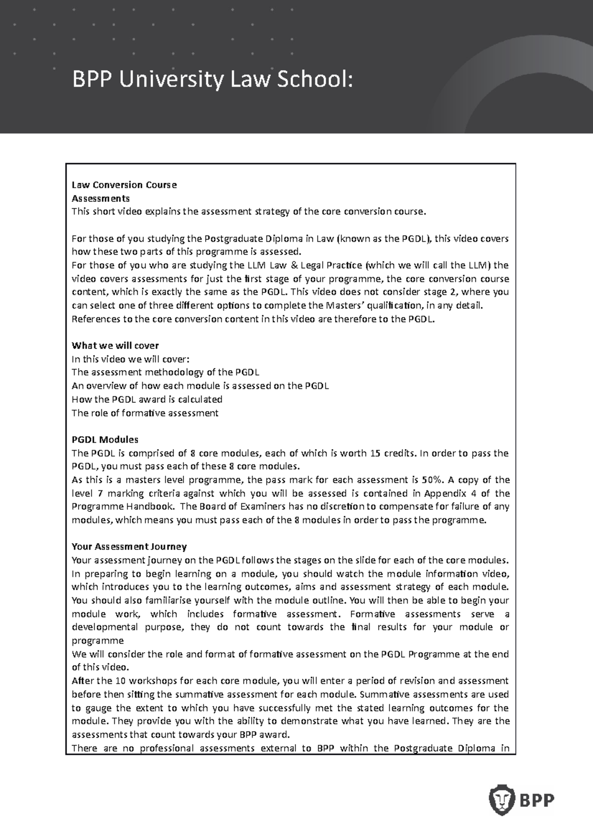 P GDL Assessments script Law Conversion Course Assessments This short