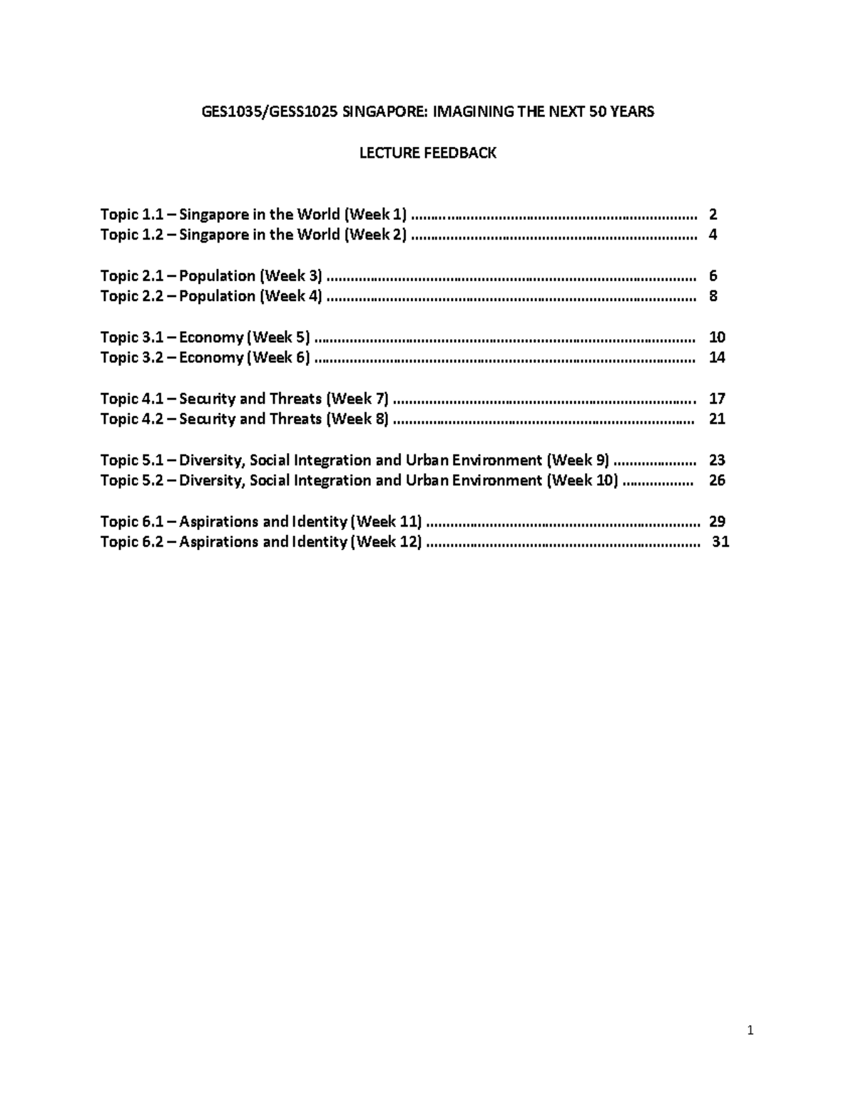 Feedback For Lectures Ges1035 Gess1025 Singapore Imagining The Next