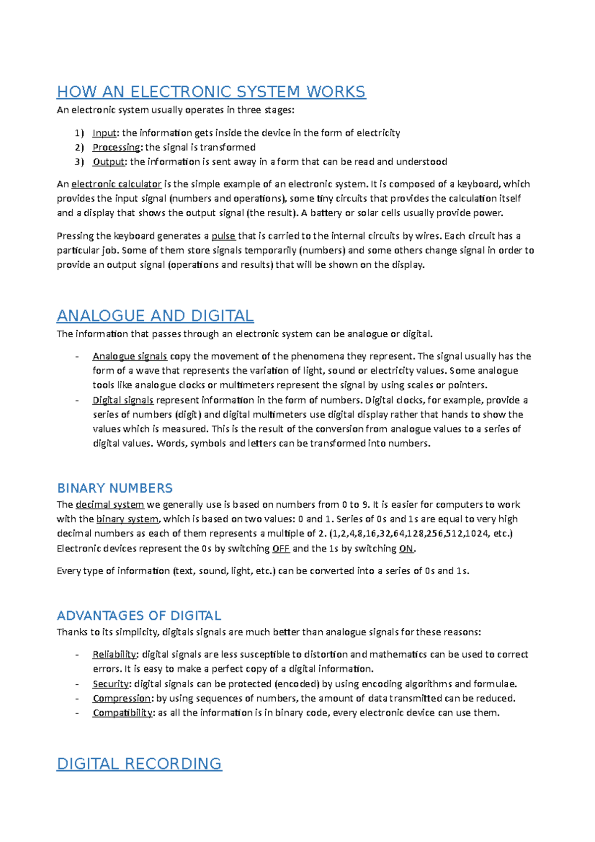 Technical Language Electronic System HOW AN ELECTRONIC SYSTEM WORKS
