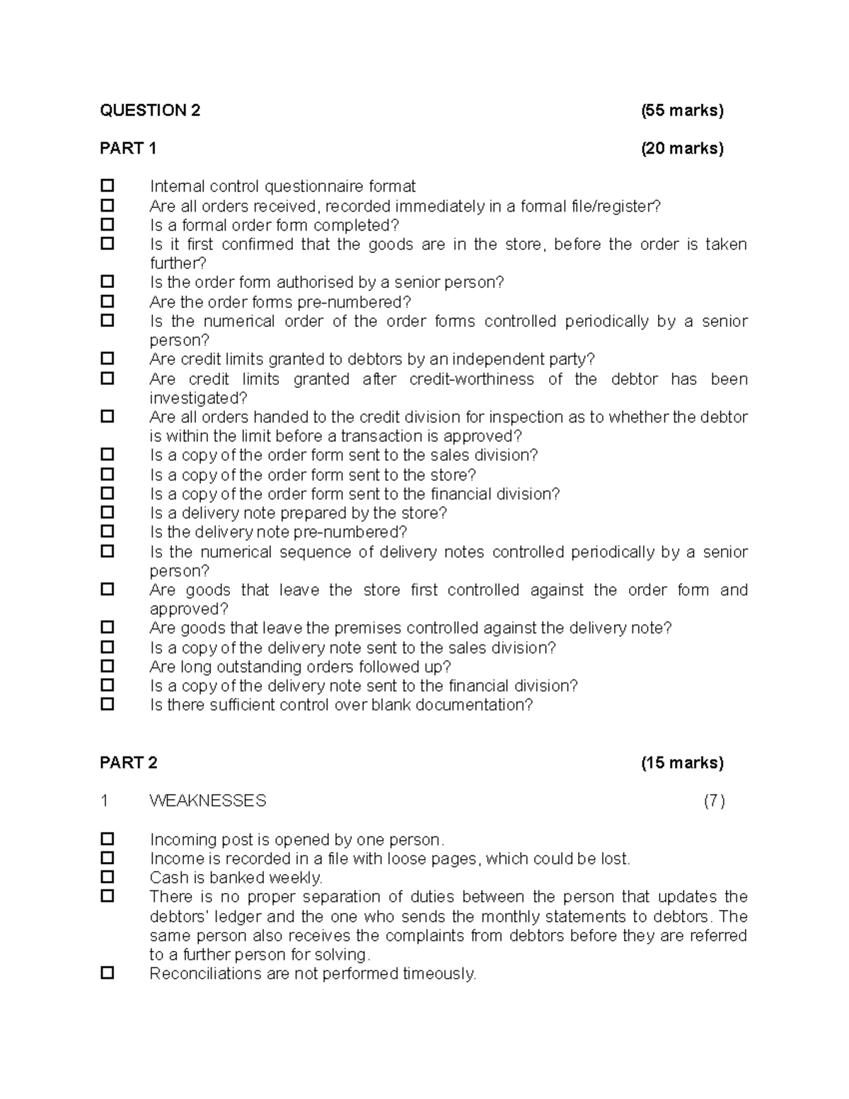 Question+2 - QUESTION 2 (55 marks) PART 1 (20 marks) Internal control ...