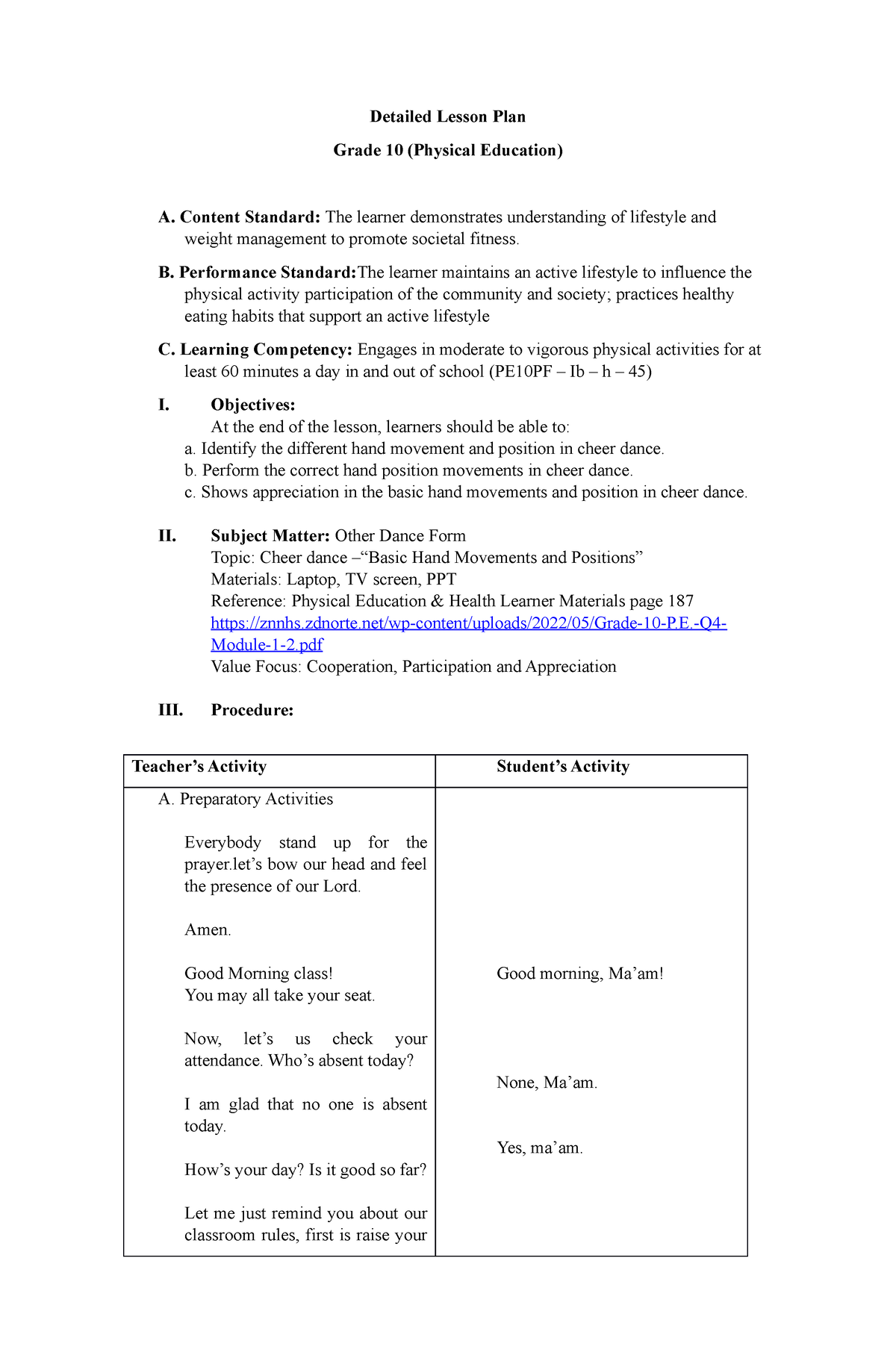 Detailed Lesson Plan In Mapeh 10 Detailed Lesson Plan Grade 10 Physical Education A Content 