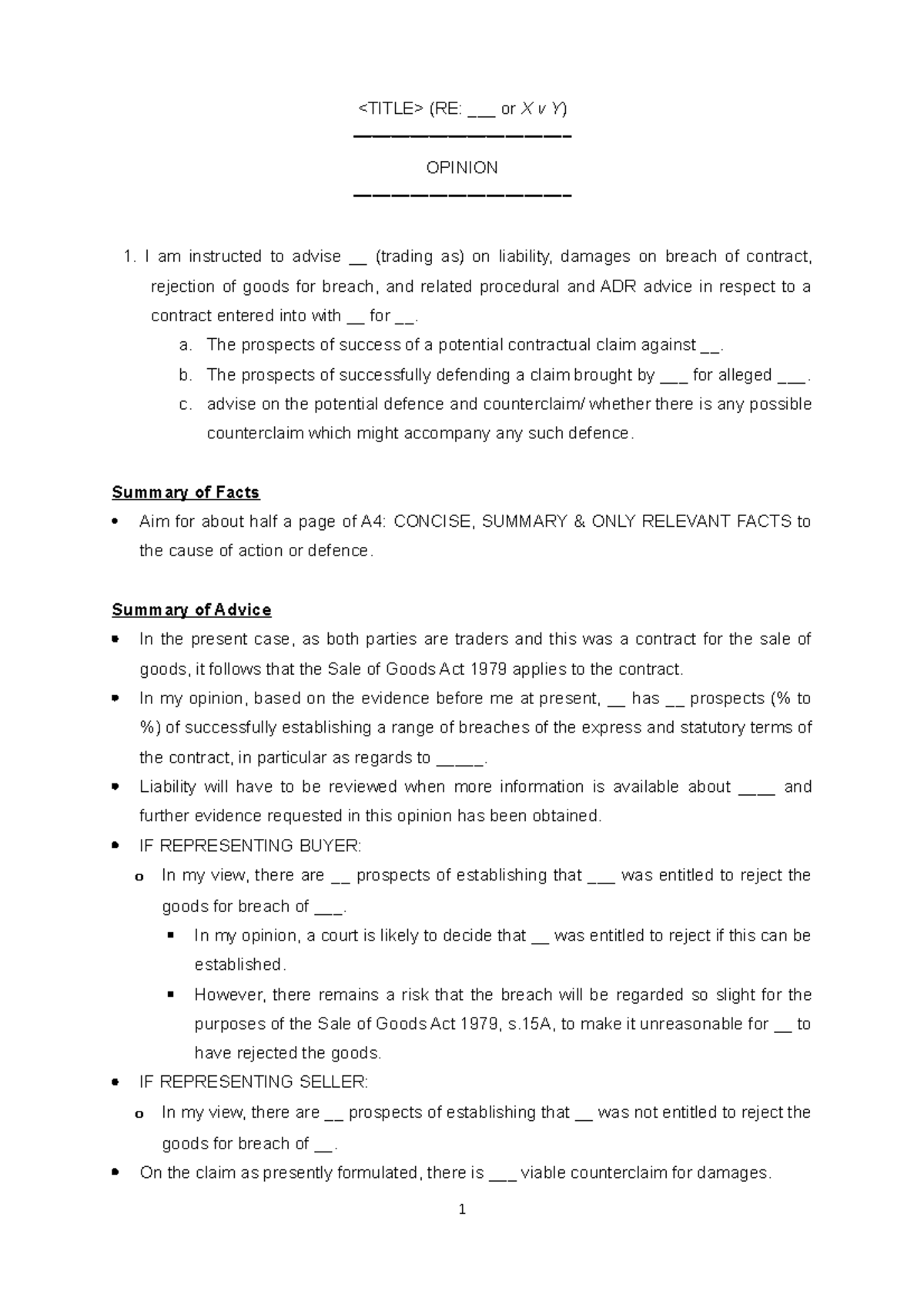 OPINION WRITING-ASSIGNMENT AND SKELETON NOTES - (RE: ___ or _X v Y ...