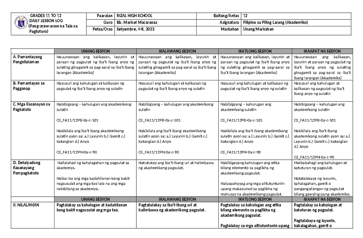 Sample DLL for filipino 12 - GRADES 11 TO 12 DAILY LESSON LOG (Pang ...