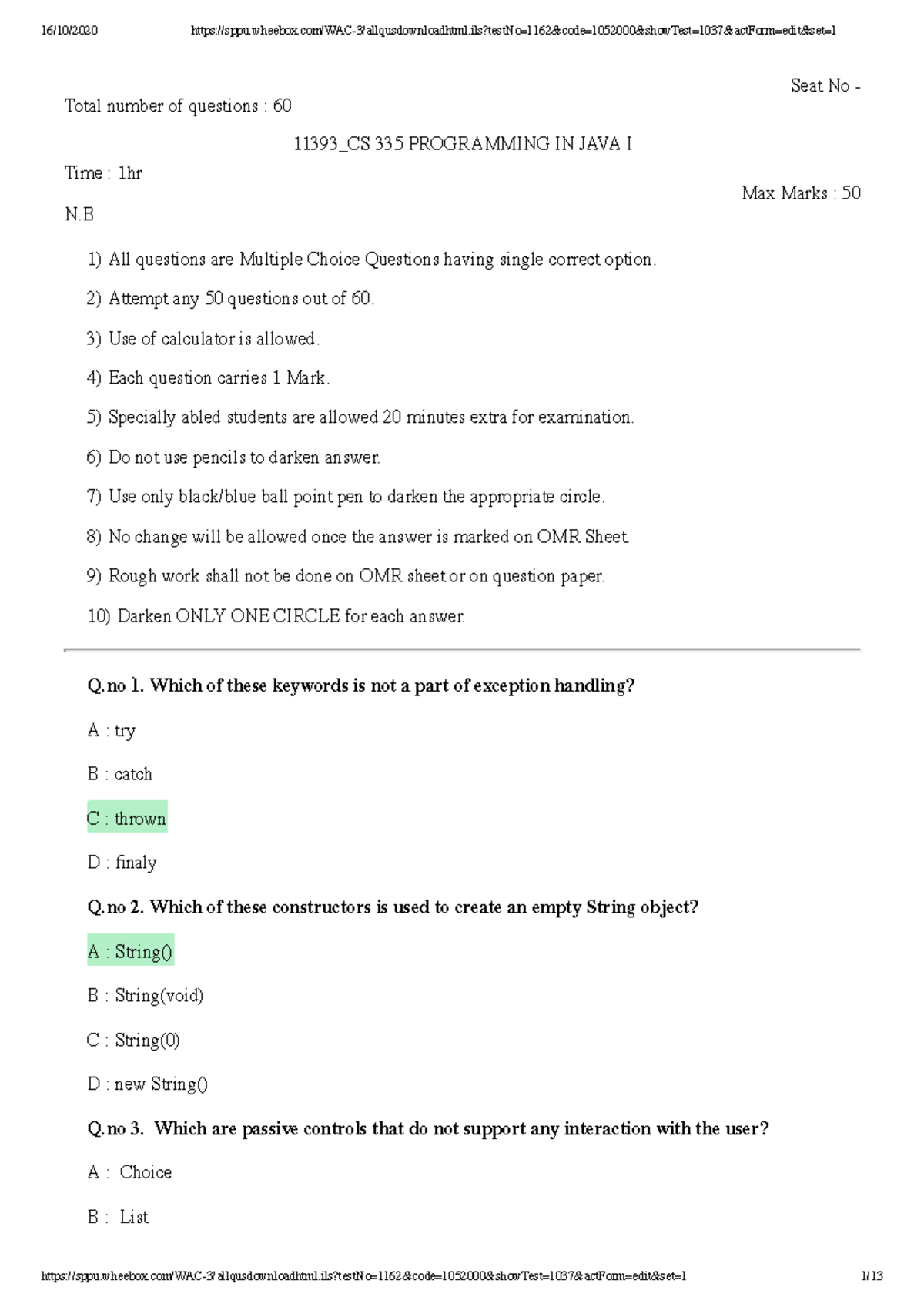 Javaq 10 java mcq s total number of questions 60 seat no 11393 