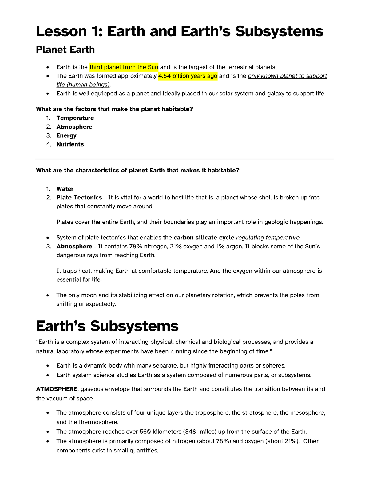 ELS Q1 Lecture Compilation - Lesson 1: Earth And EarthJs Subsystems ...