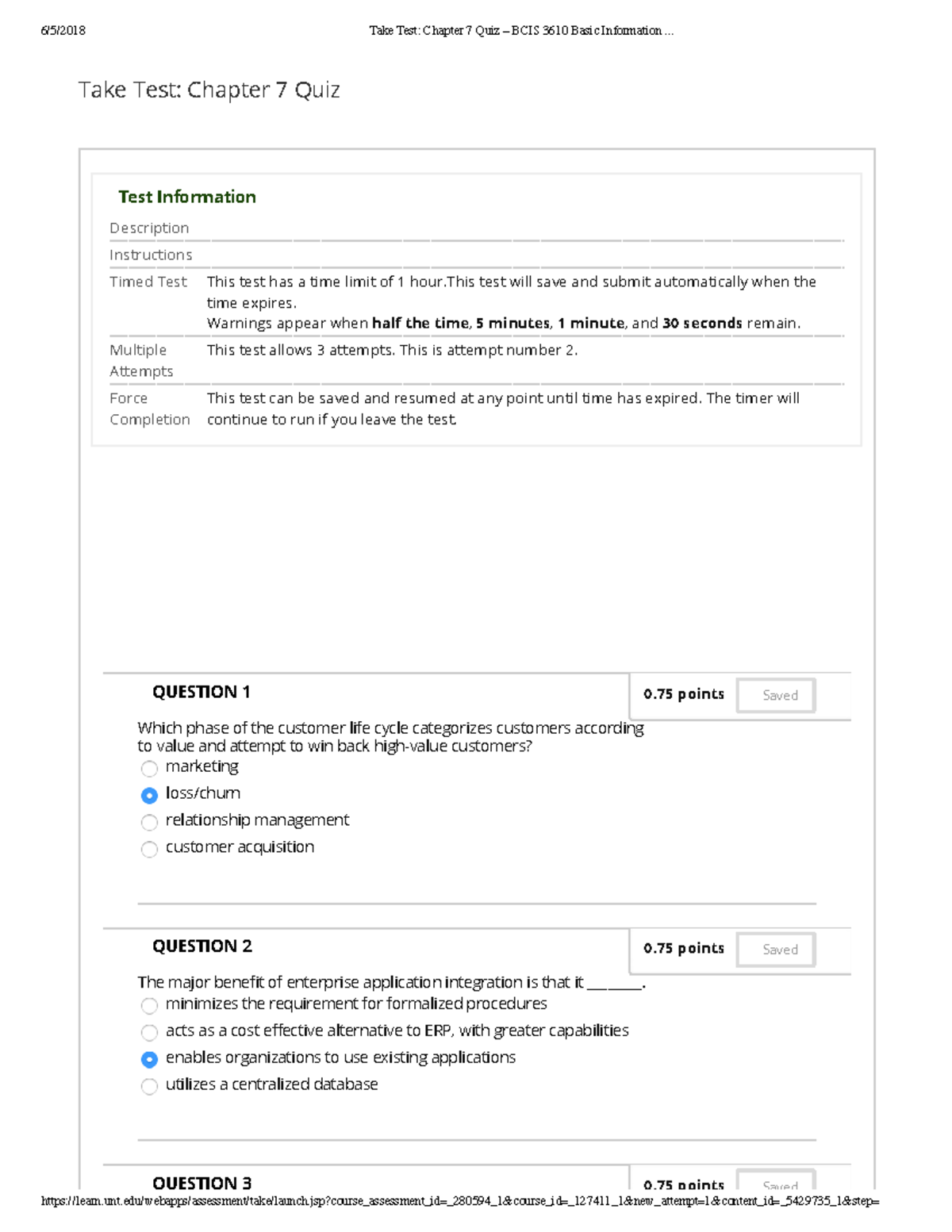 UNT - BCIS 3610 Chapter 7 Quiz Review - Take Test: Chapter 7 Quiz BCIS ...